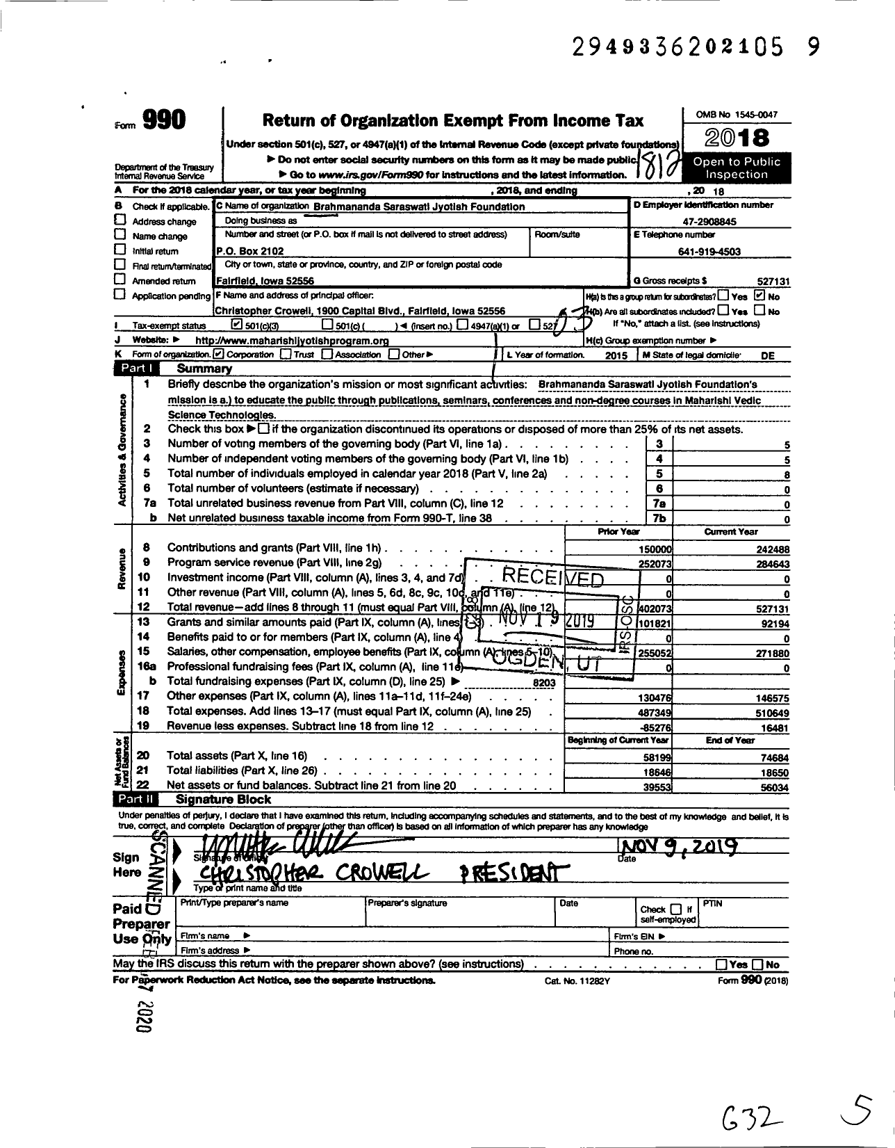 Image of first page of 2018 Form 990 for Brahmananda Saraswati Jyotish Foundation