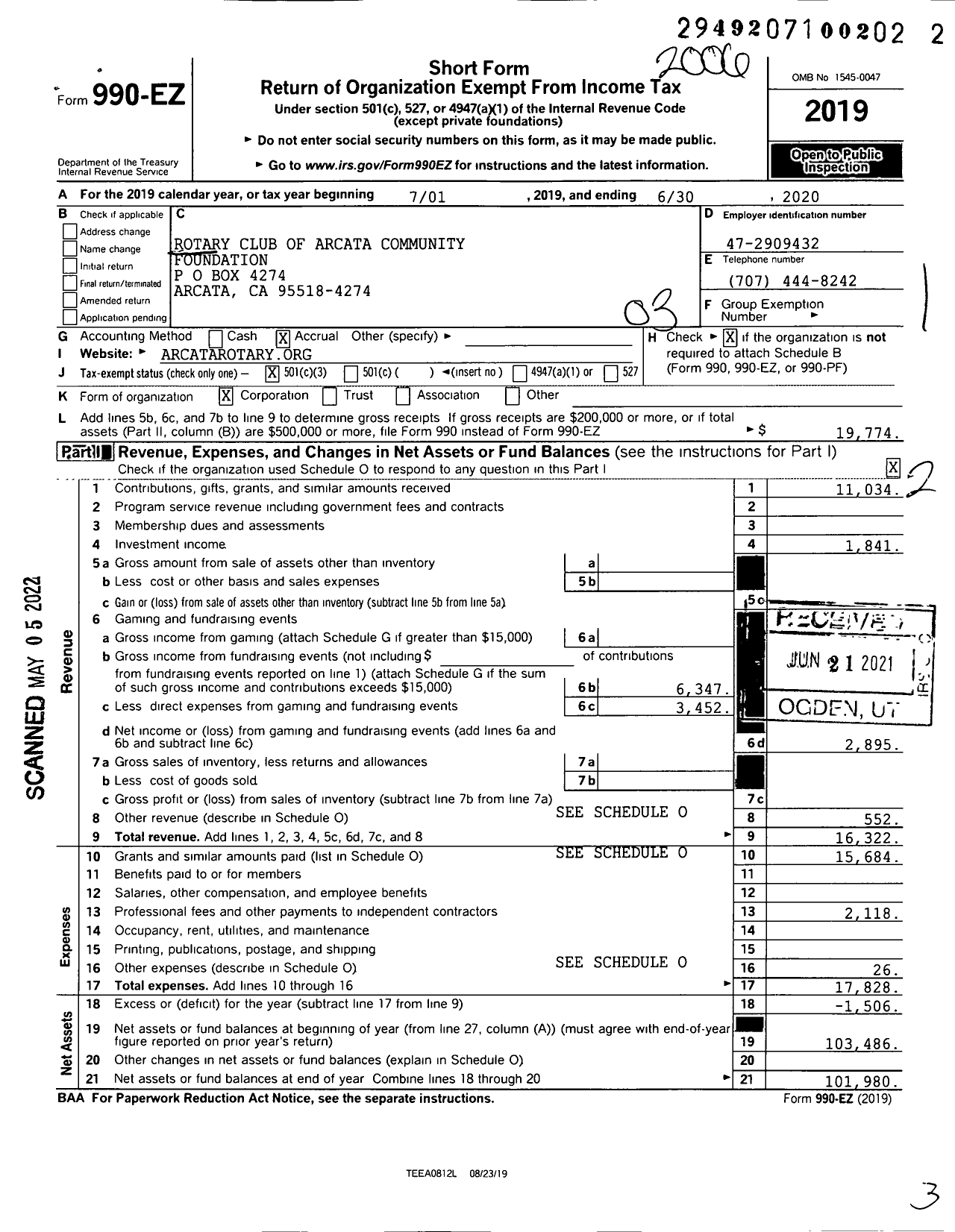 Image of first page of 2019 Form 990EZ for Rotary Club of Arcata Community Foundation