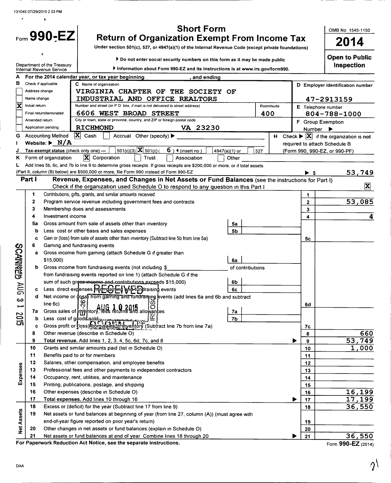 Image of first page of 2014 Form 990EO for Virginia Chapter of the Society of Industrial and Office Realtors