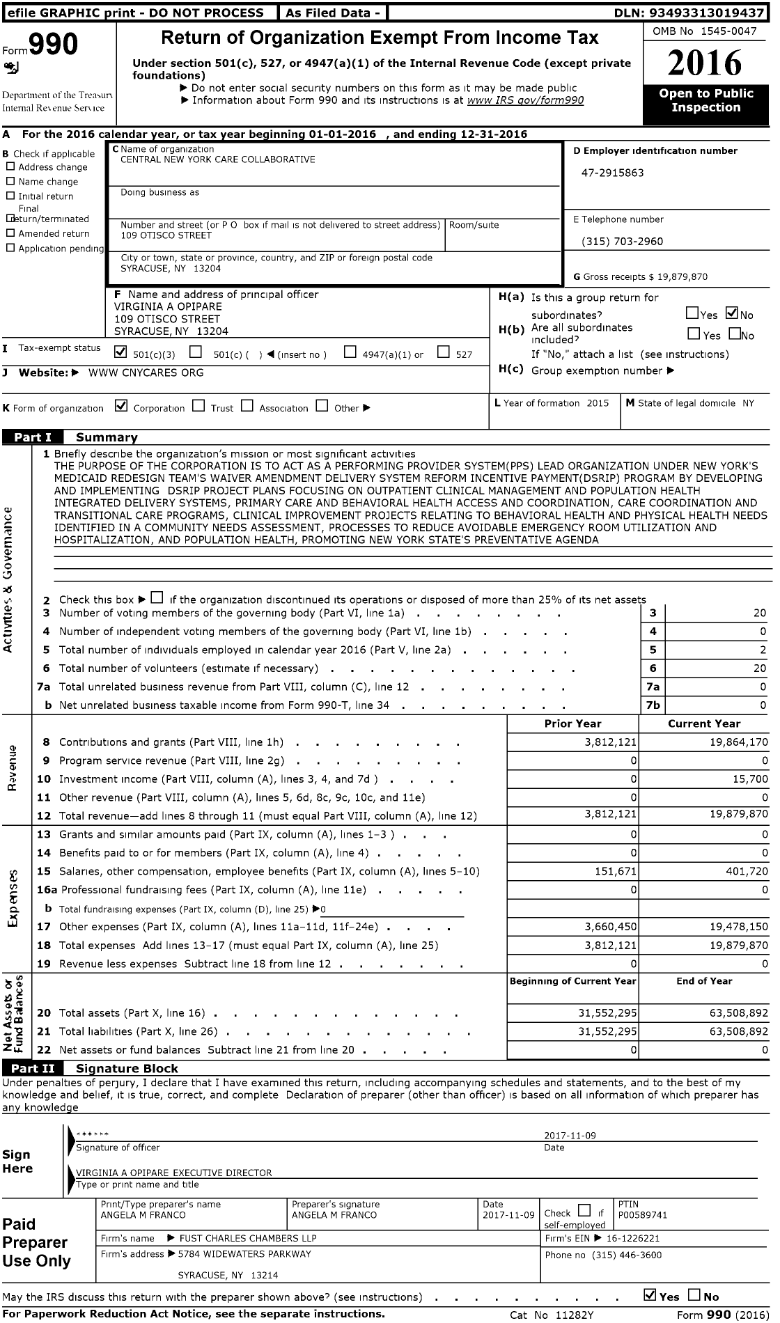 Image of first page of 2016 Form 990 for Central New York Care Collaborative