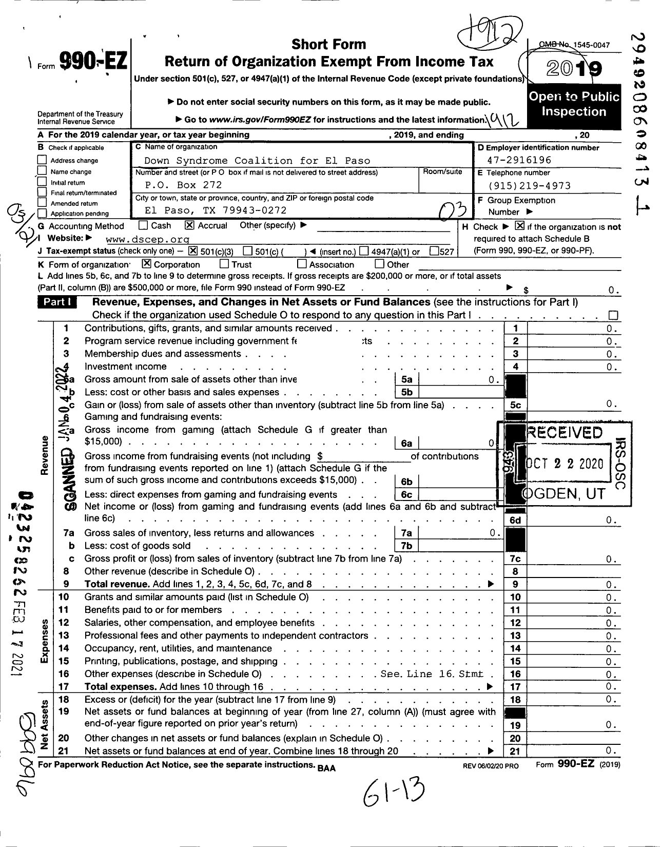 Image of first page of 2019 Form 990EZ for Down Syndrome Coalition for El Paso