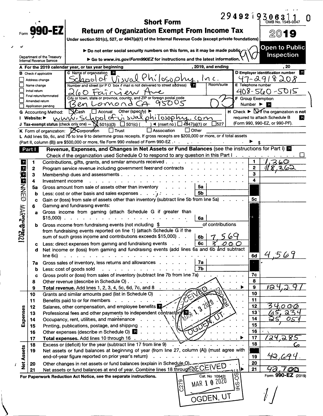 Image of first page of 2019 Form 990EZ for School of Visual Philosophy