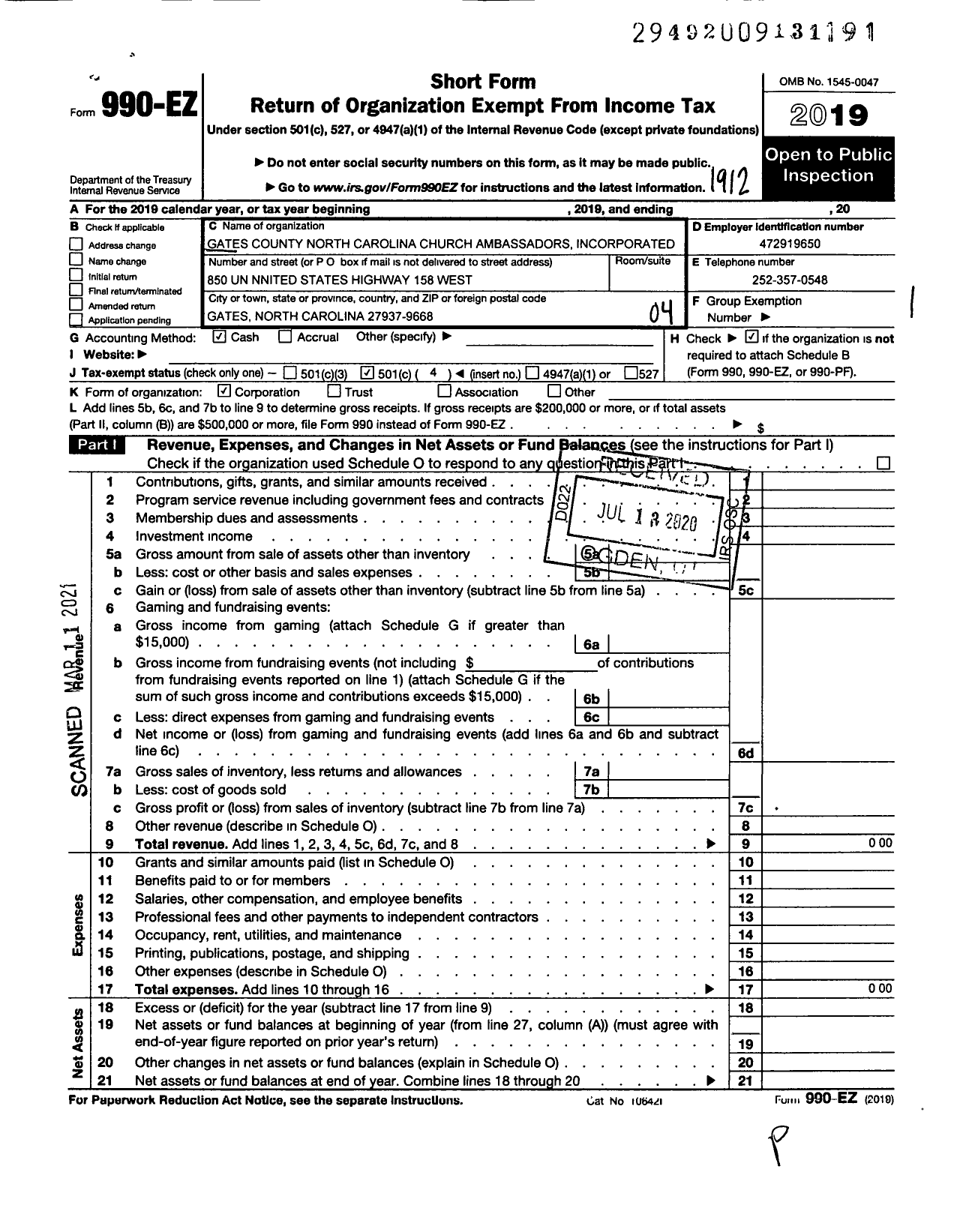 Image of first page of 2019 Form 990EO for Gates County North Carolina Church Ambassadors Incorporated