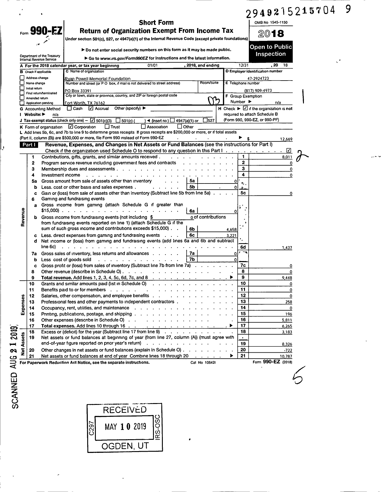 Image of first page of 2018 Form 990EZ for Ryan Powell Memorial Foundation