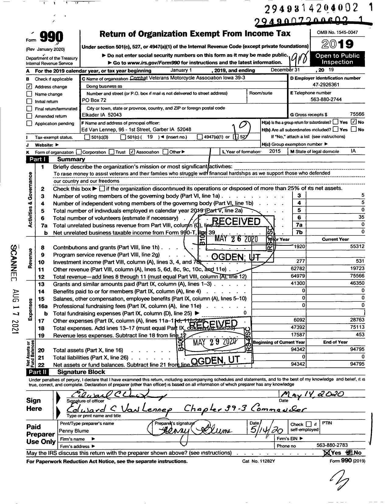 Image of first page of 2019 Form 990O for Combat Veterans Motorcycle Association Iowa 39-3