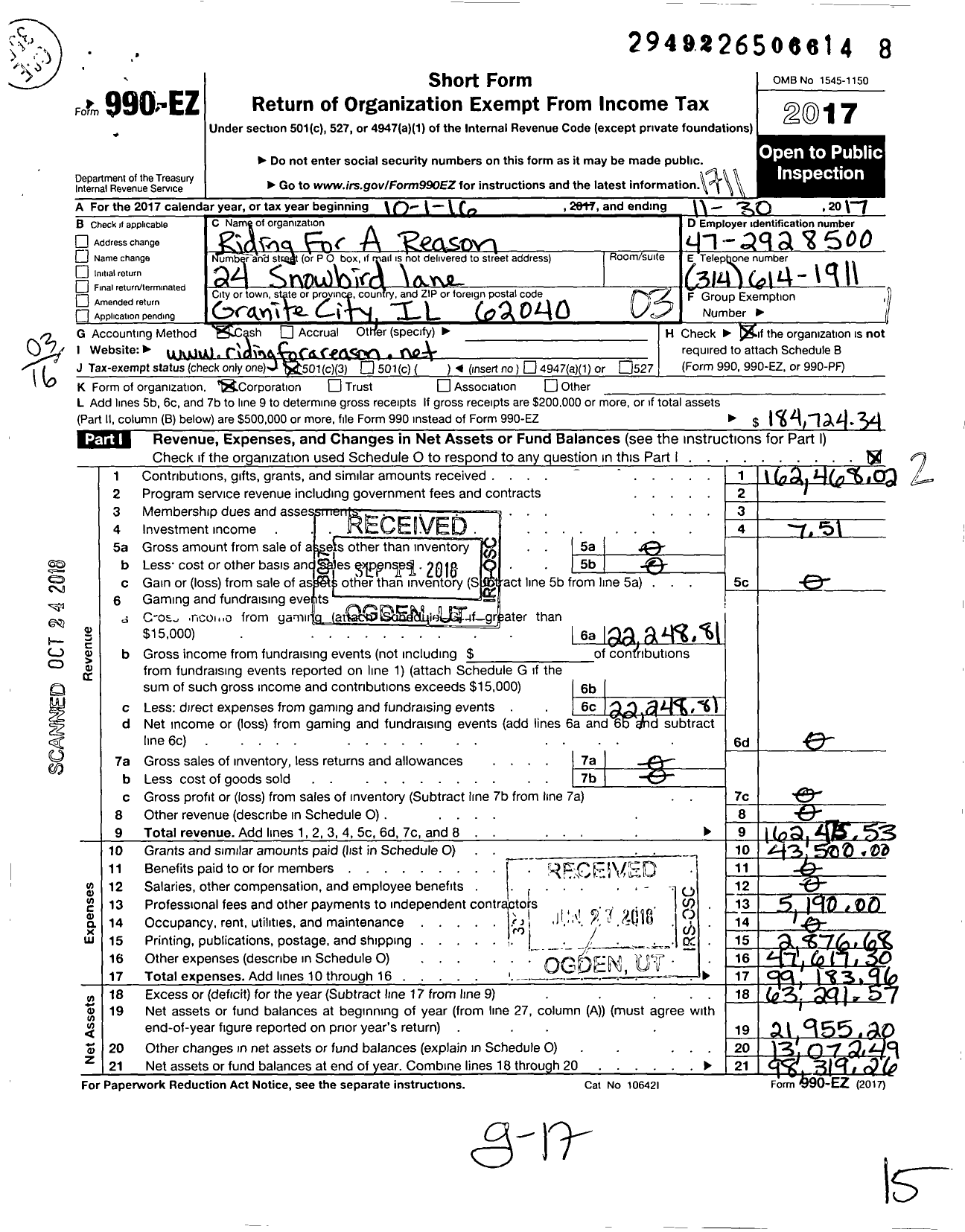 Image of first page of 2016 Form 990EZ for Riding for A Reason