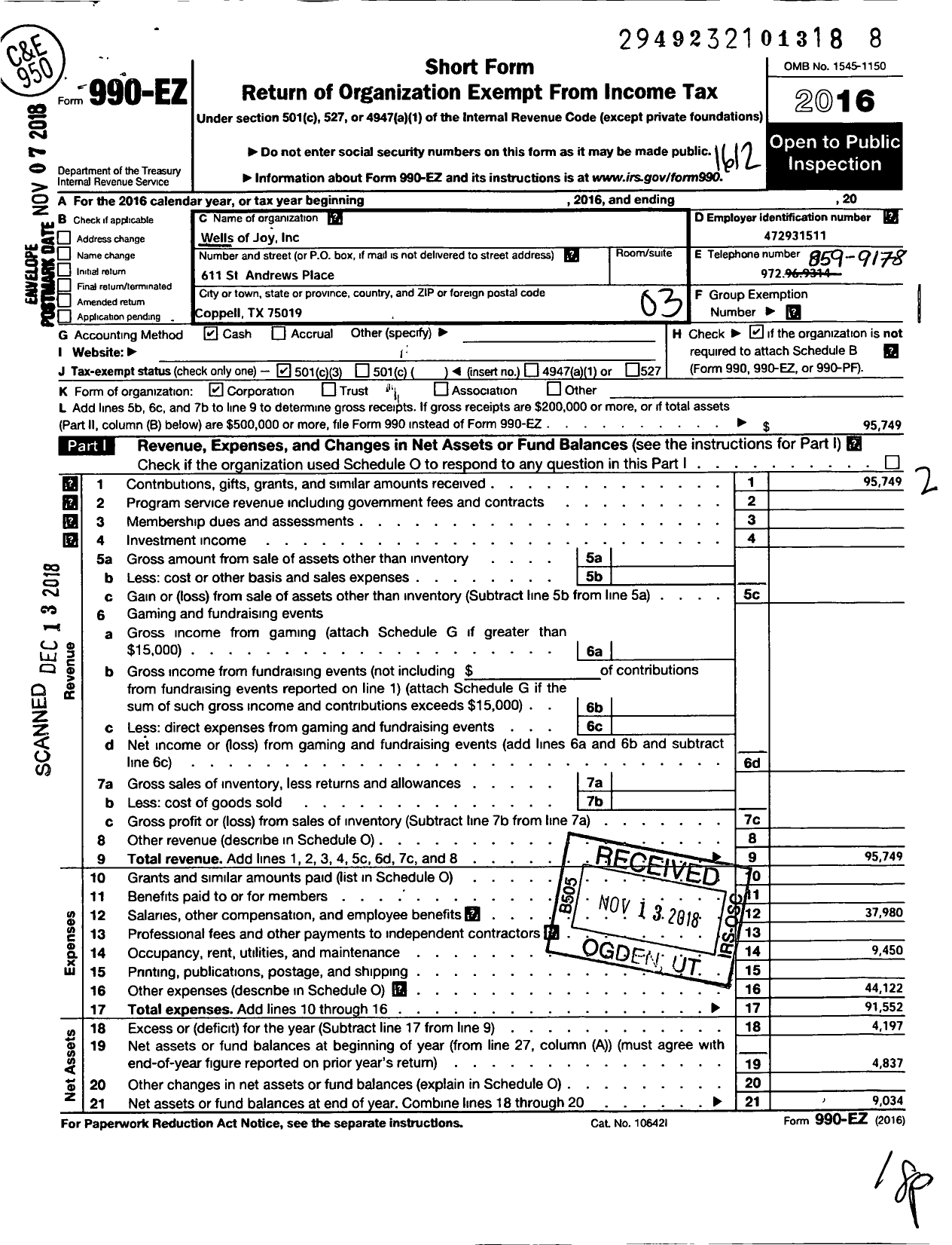 Image of first page of 2016 Form 990EZ for Wells of Joy