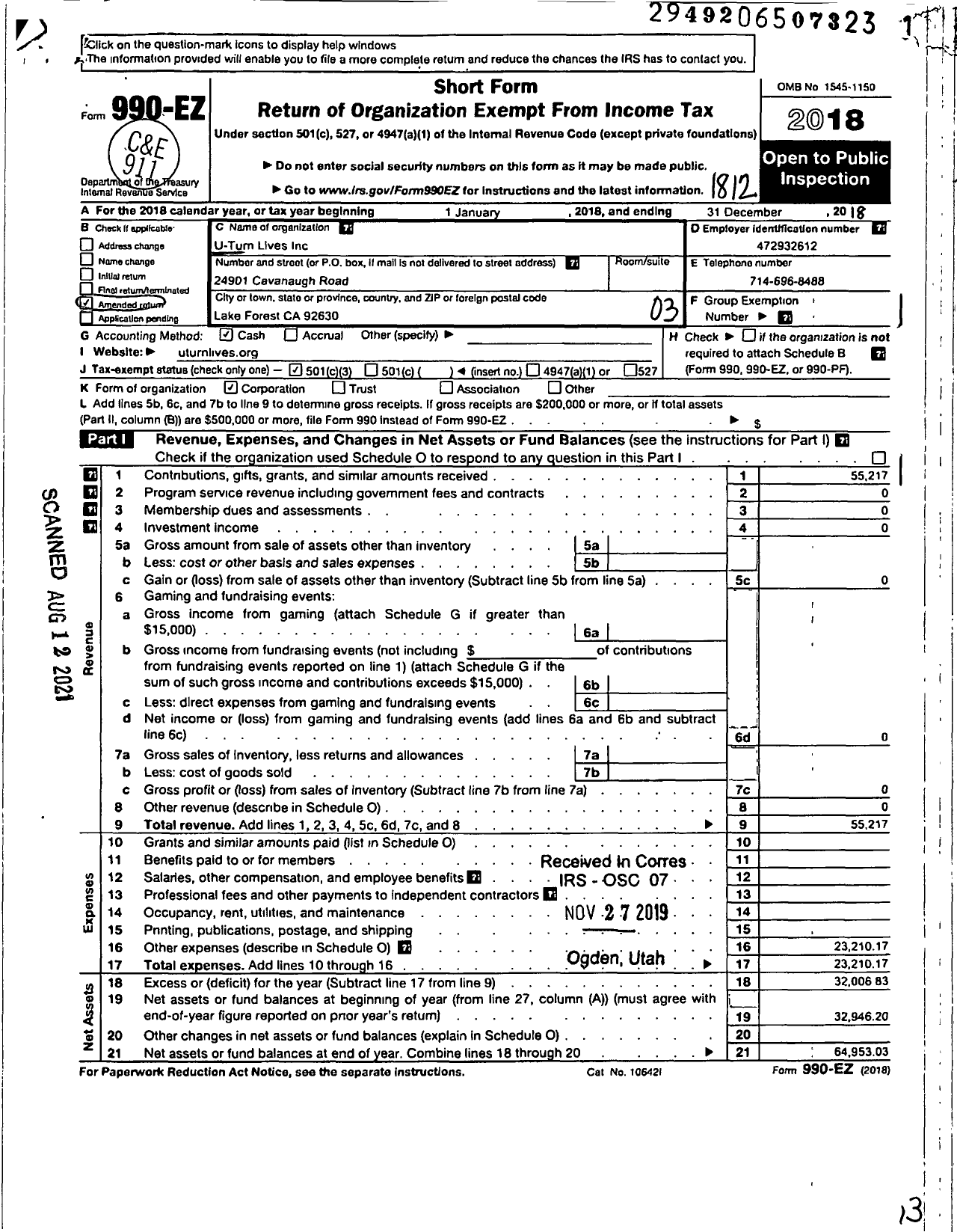 Image of first page of 2018 Form 990EZ for U-Turn Lives