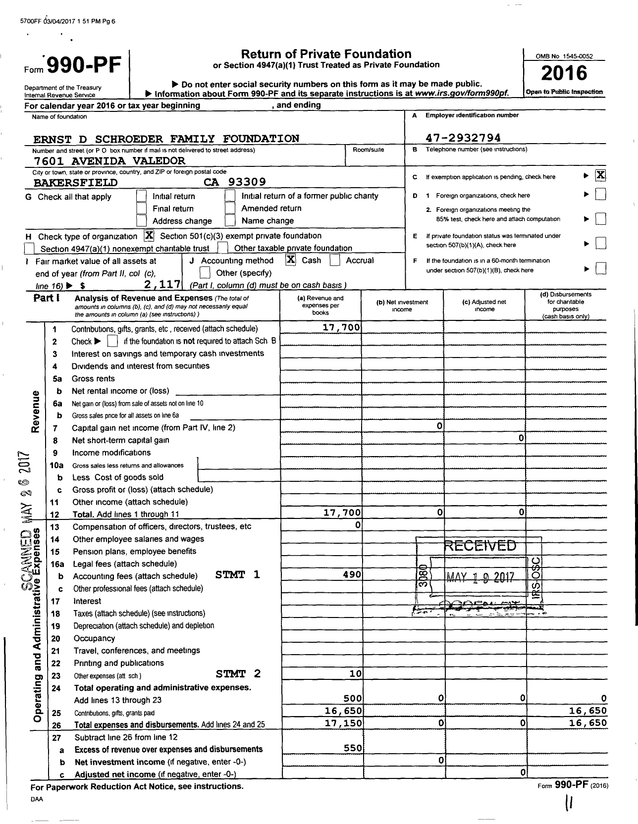 Image of first page of 2016 Form 990PF for Ernst D Schroeder Family Foundation