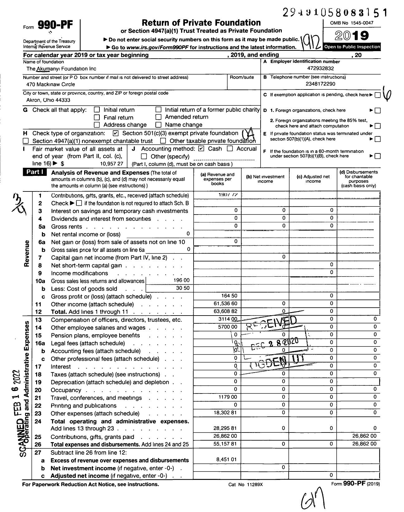 Image of first page of 2019 Form 990PF for Akumanyi Foundation