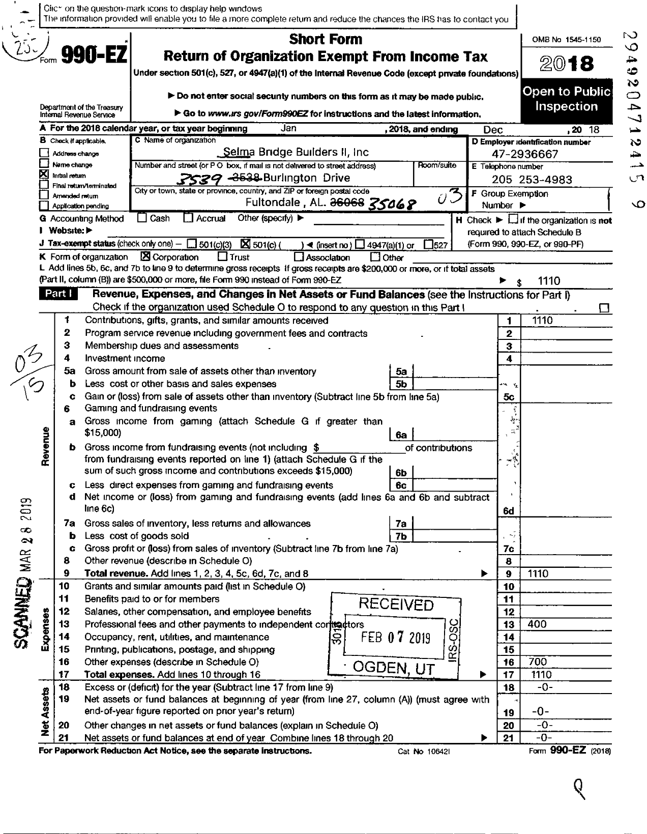 Image of first page of 2018 Form 990EZ for Selma Bridge Builders