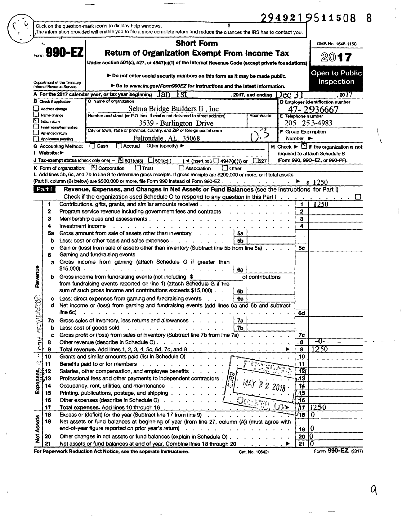 Image of first page of 2017 Form 990EZ for Selma Bridge Builders