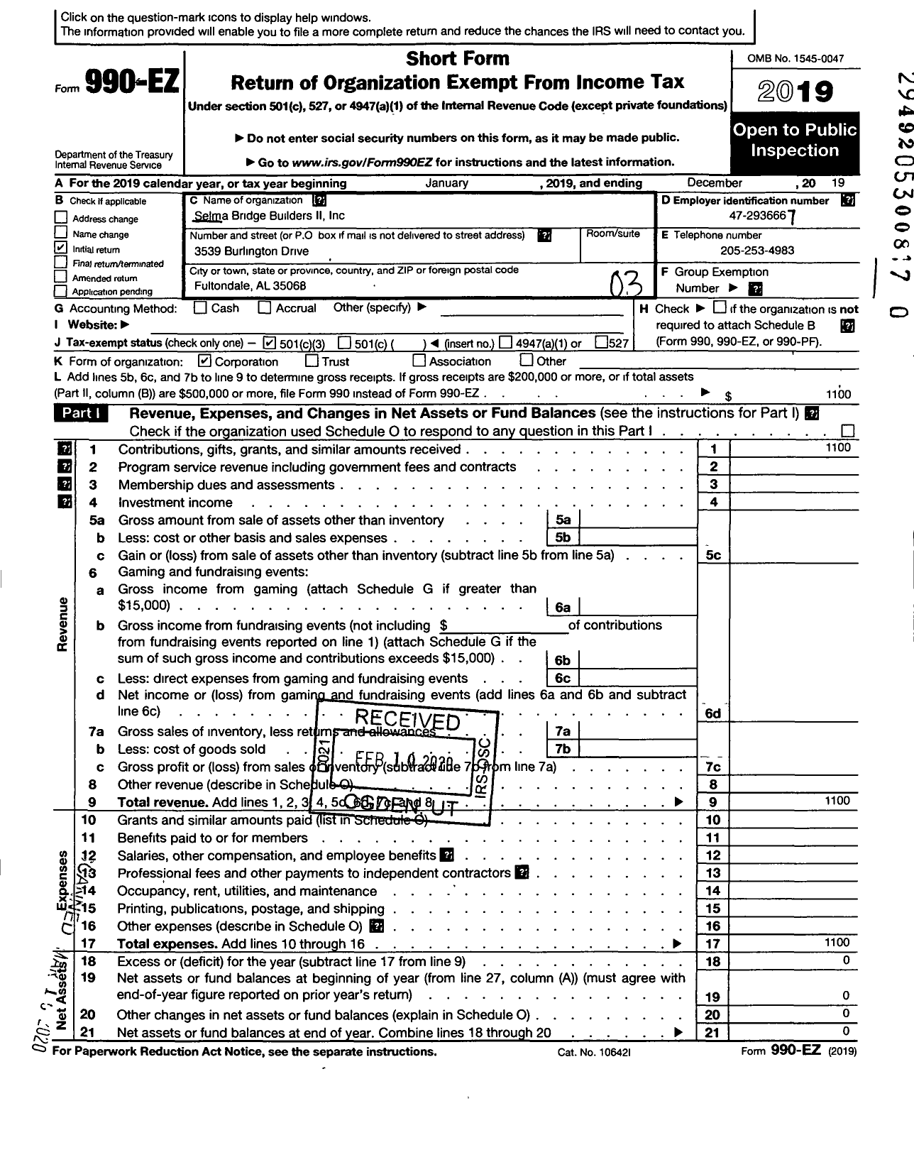 Image of first page of 2019 Form 990EZ for Selma Bridge Builders