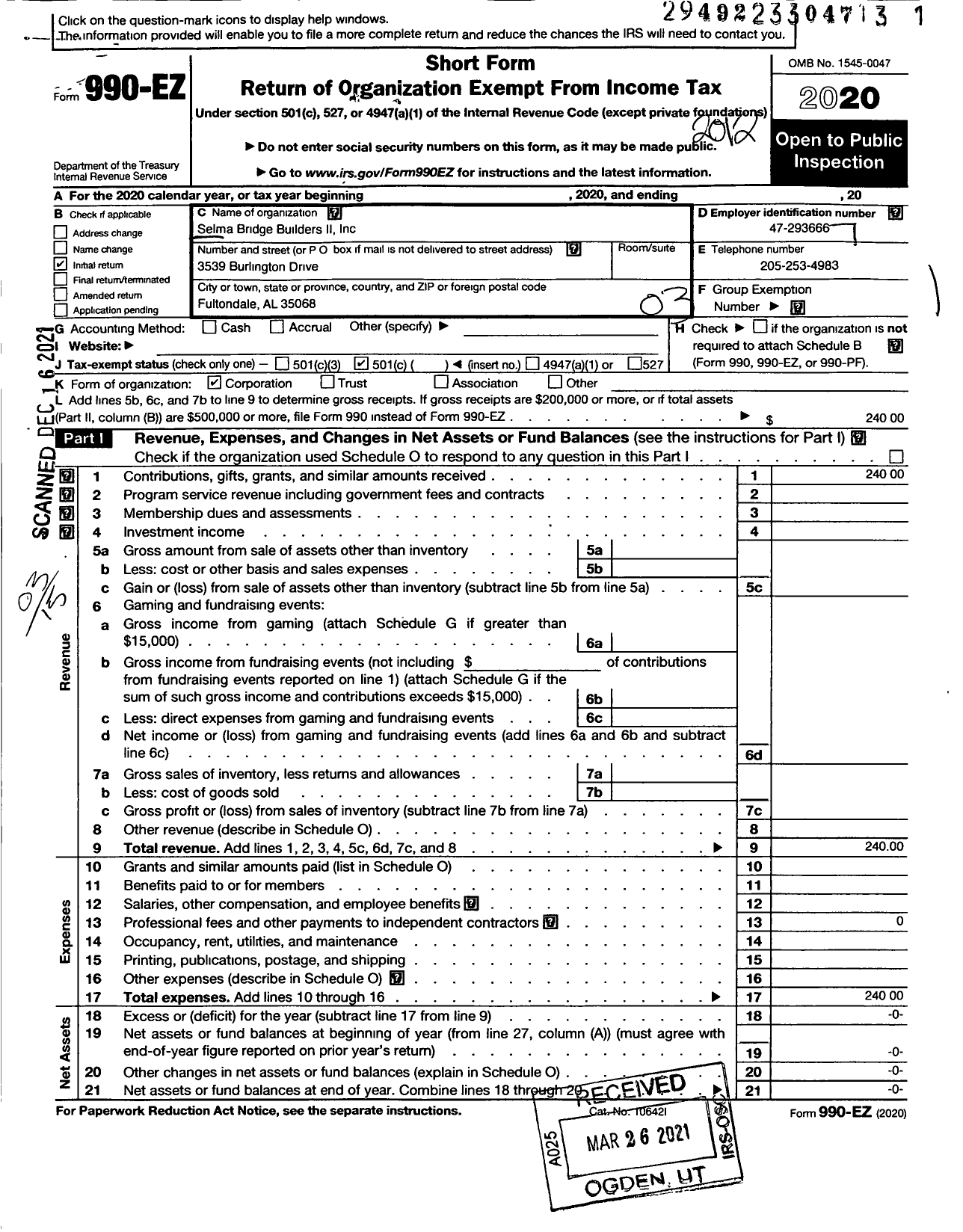 Image of first page of 2020 Form 990EZ for Selma Bridge Builders