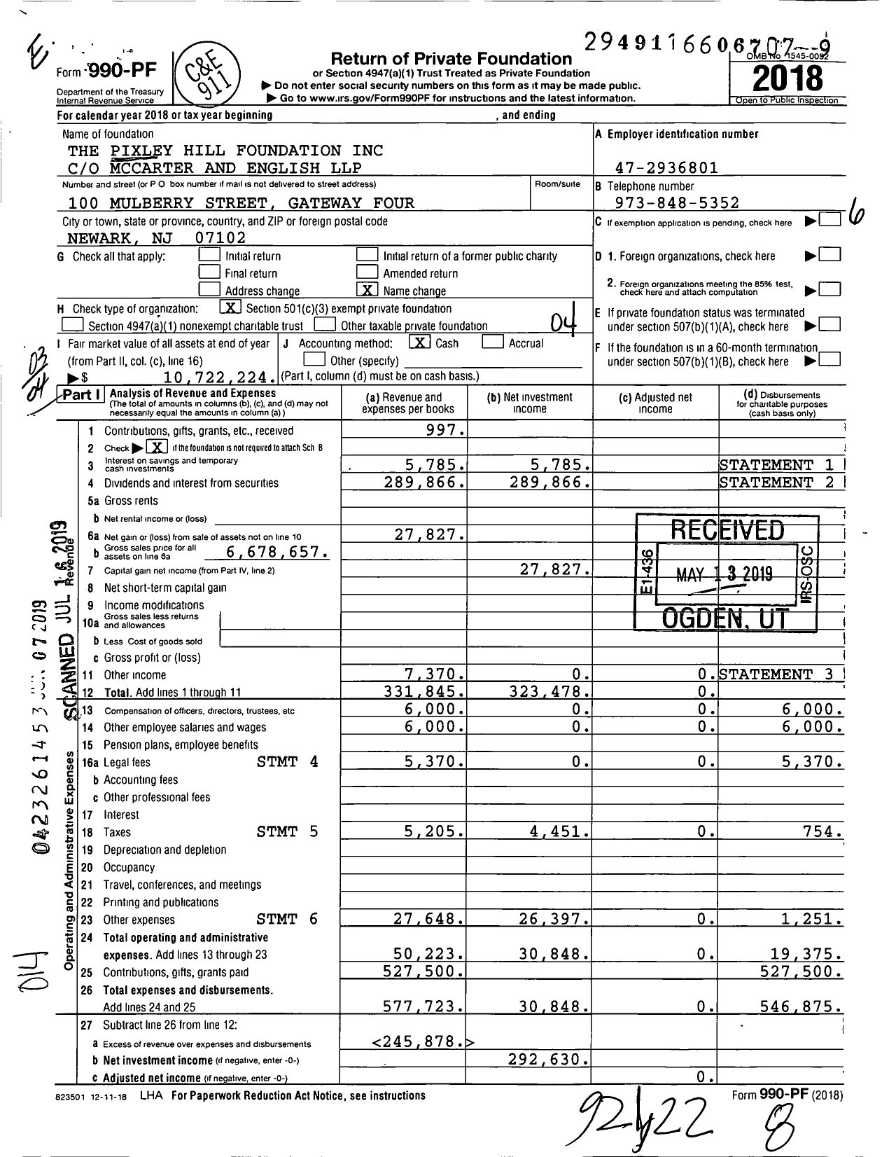 Image of first page of 2018 Form 990PF for The Pixley Hill Foundation