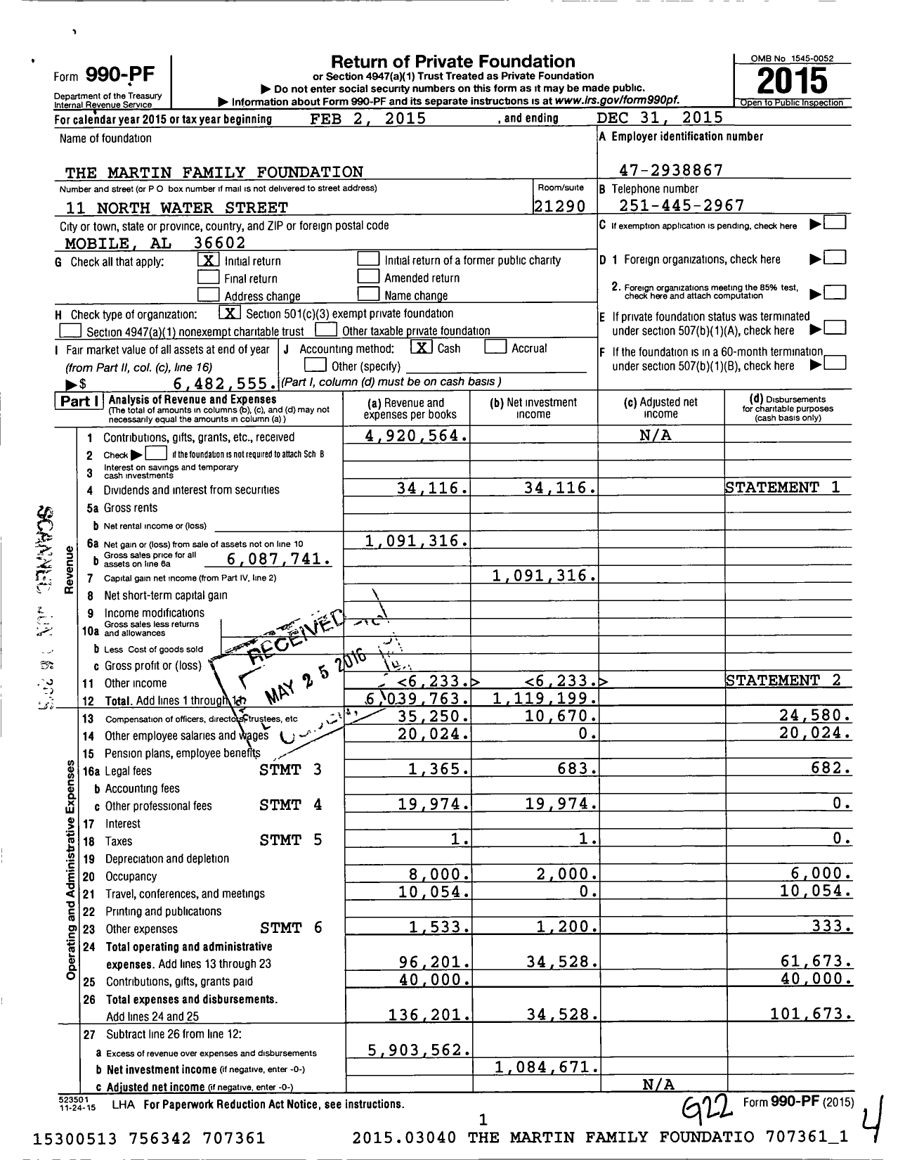 Image of first page of 2015 Form 990PF for The Martin Family Foundation