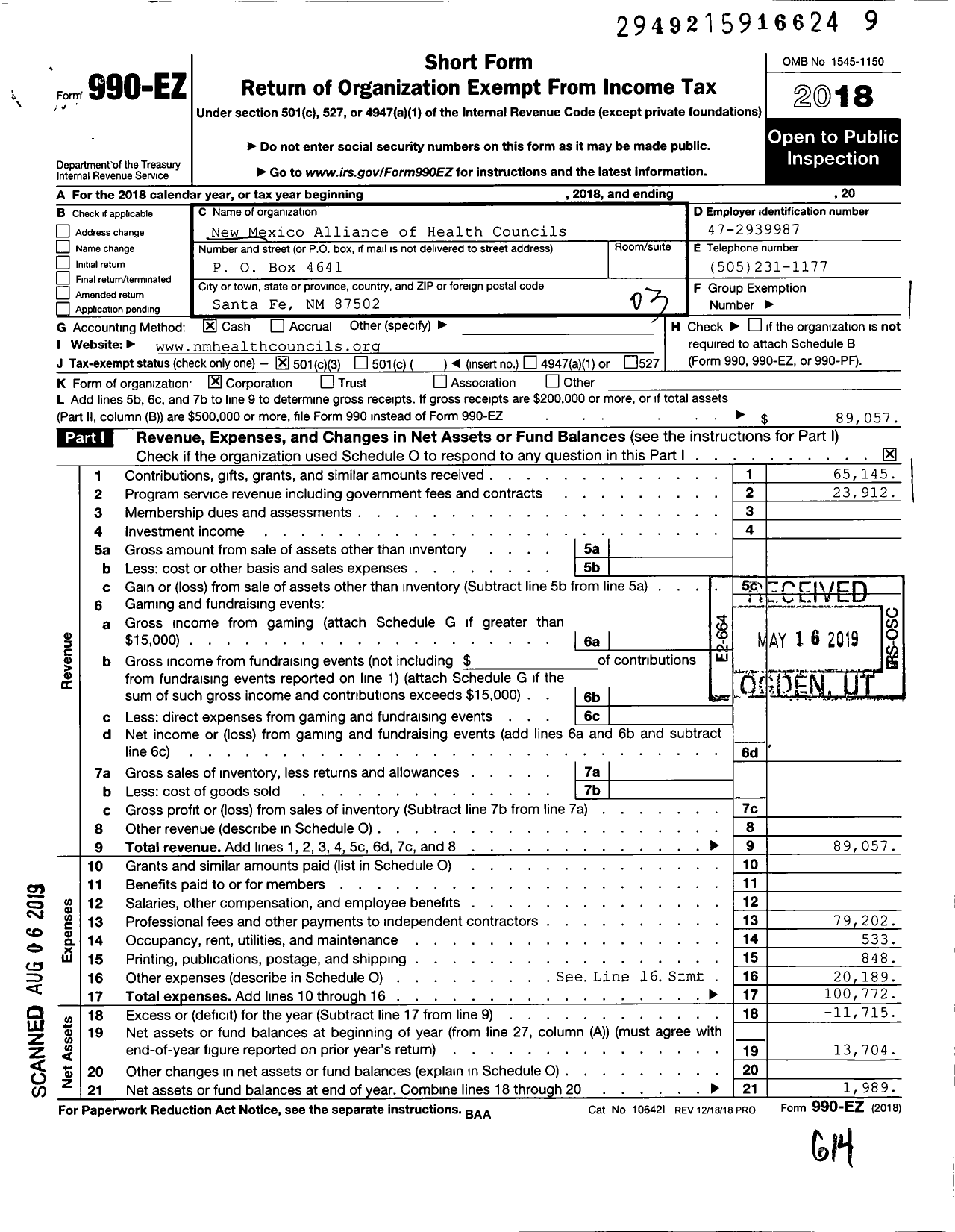 Image of first page of 2018 Form 990EZ for New Mexico Alliance of Health Councils