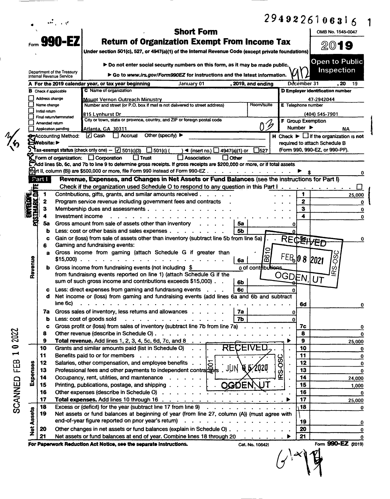 Image of first page of 2019 Form 990EZ for Mount Vernon Outreach Ministry