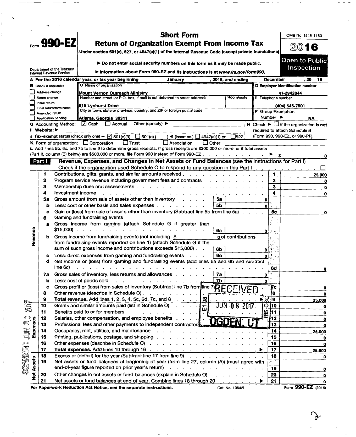 Image of first page of 2016 Form 990EZ for Mount Vernon Outreach Ministry