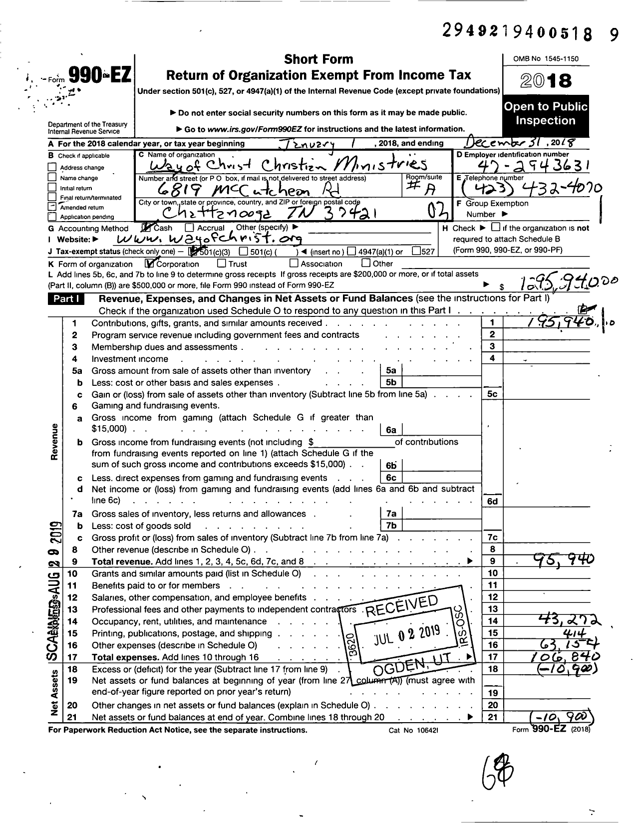 Image of first page of 2018 Form 990EZ for Way of Christ Christian Ministries