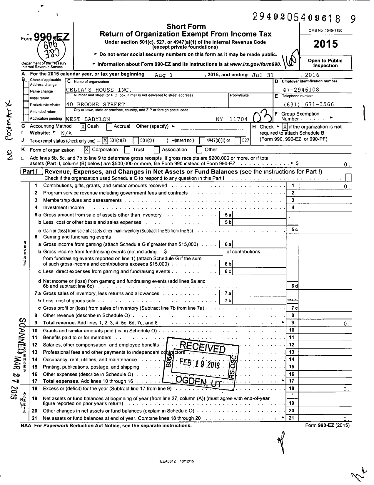 Image of first page of 2015 Form 990EZ for Celias House