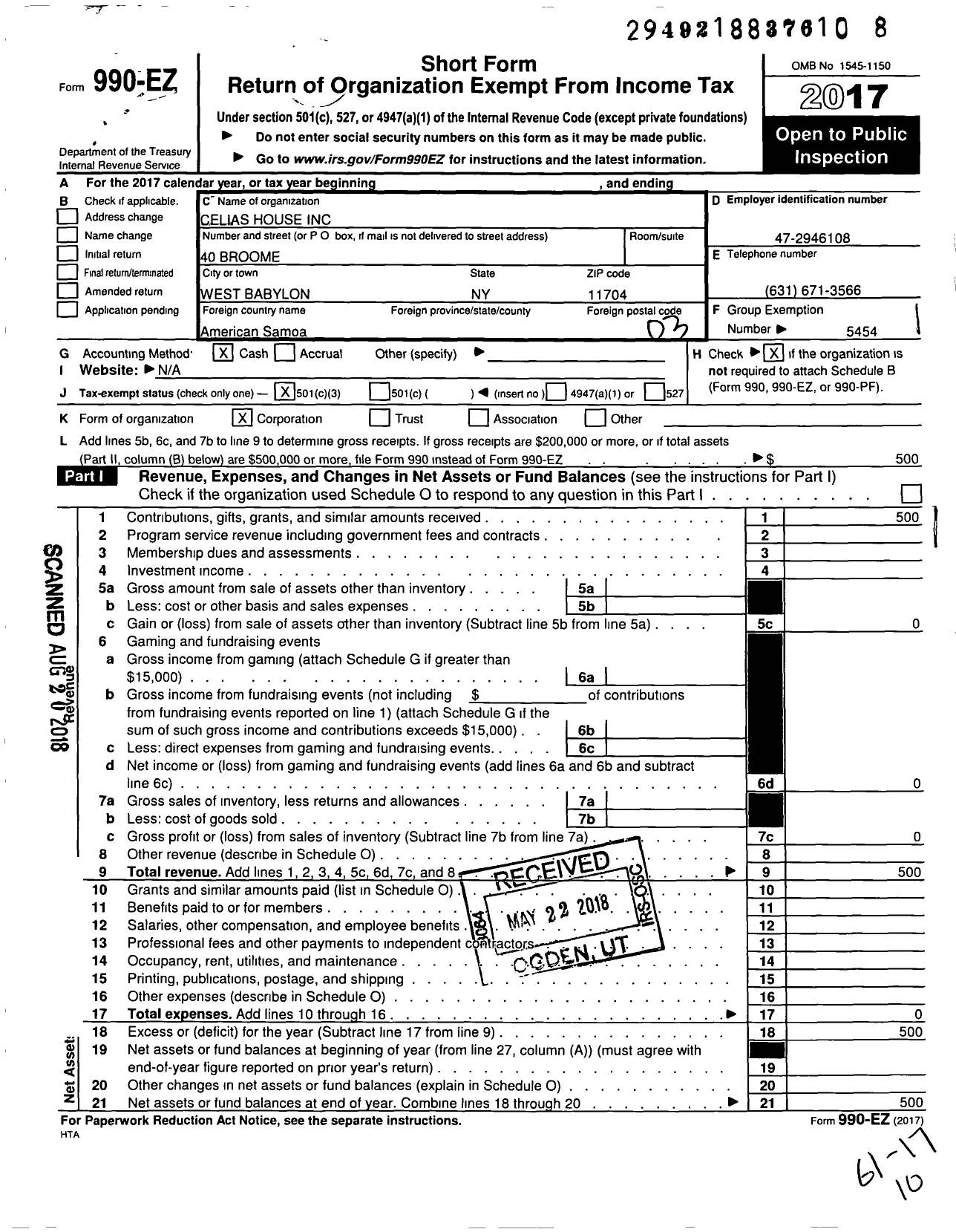 Image of first page of 2017 Form 990EZ for Celias House