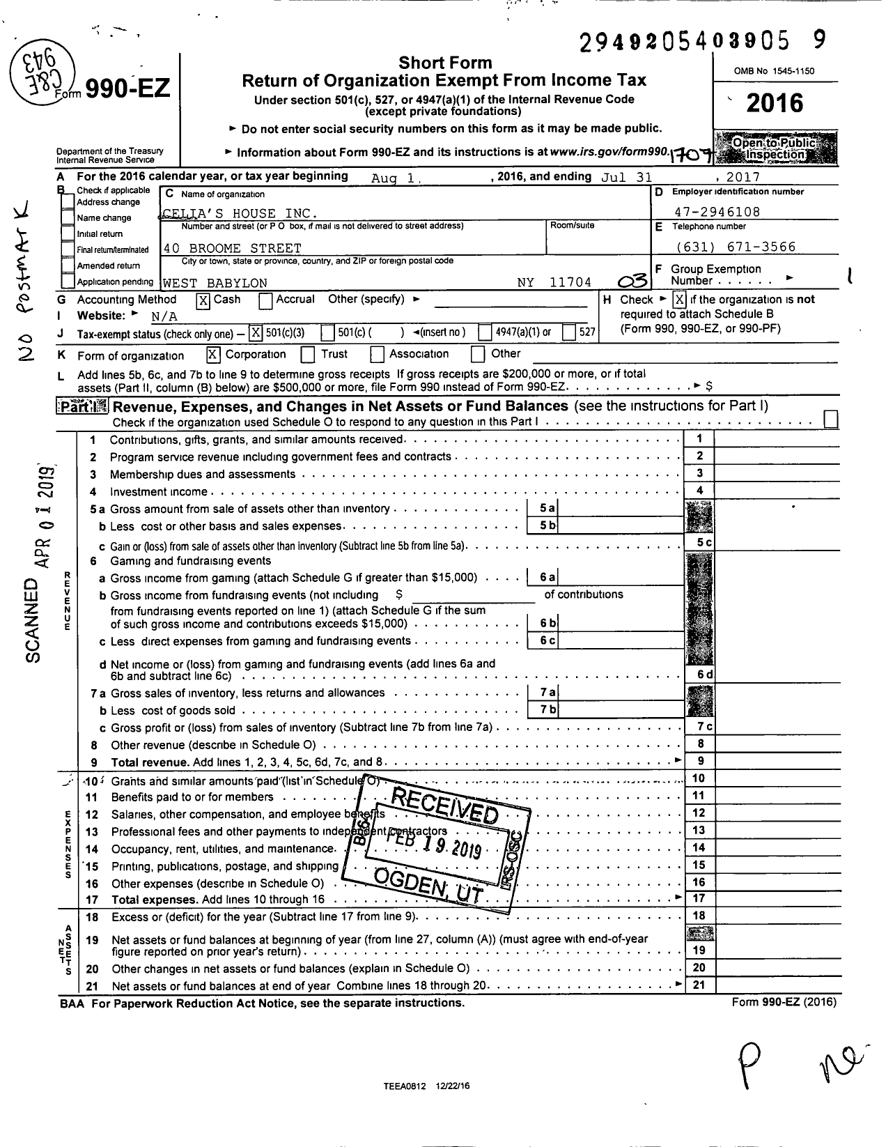 Image of first page of 2016 Form 990EZ for Celias House