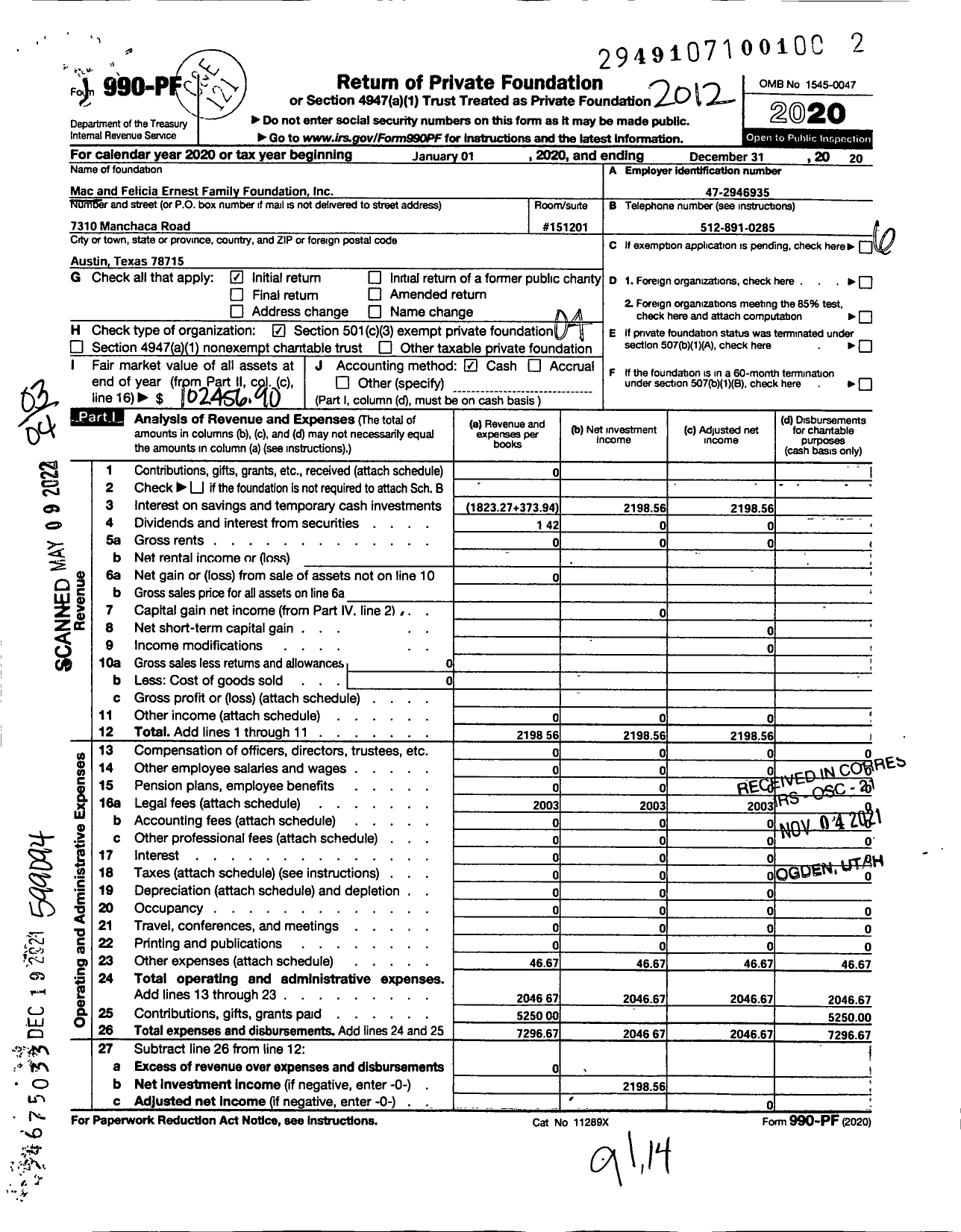 Image of first page of 2020 Form 990PF for Mac and Felicia Ernest Family Foundation