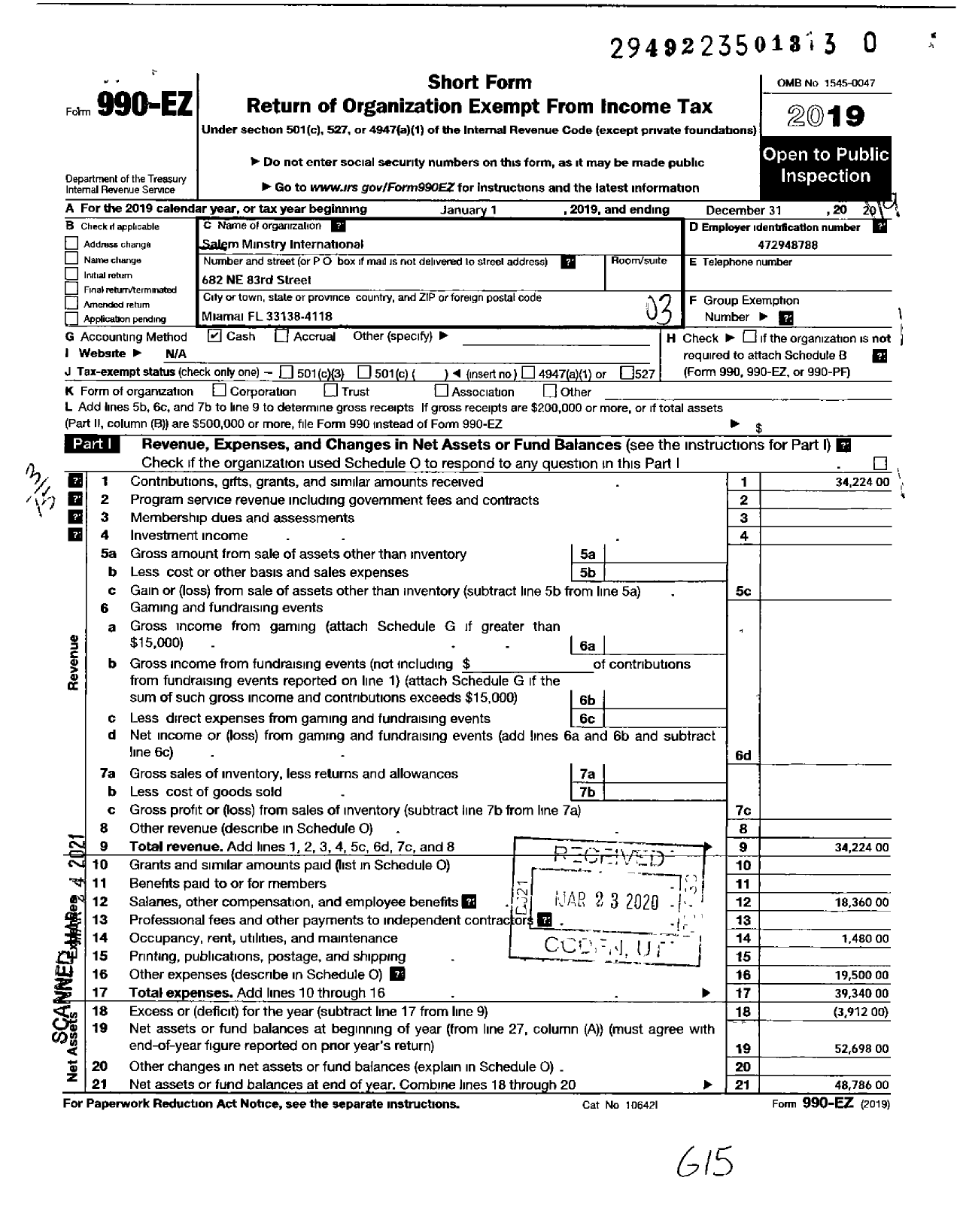 Image of first page of 2019 Form 990EZ for Salem Ministry International