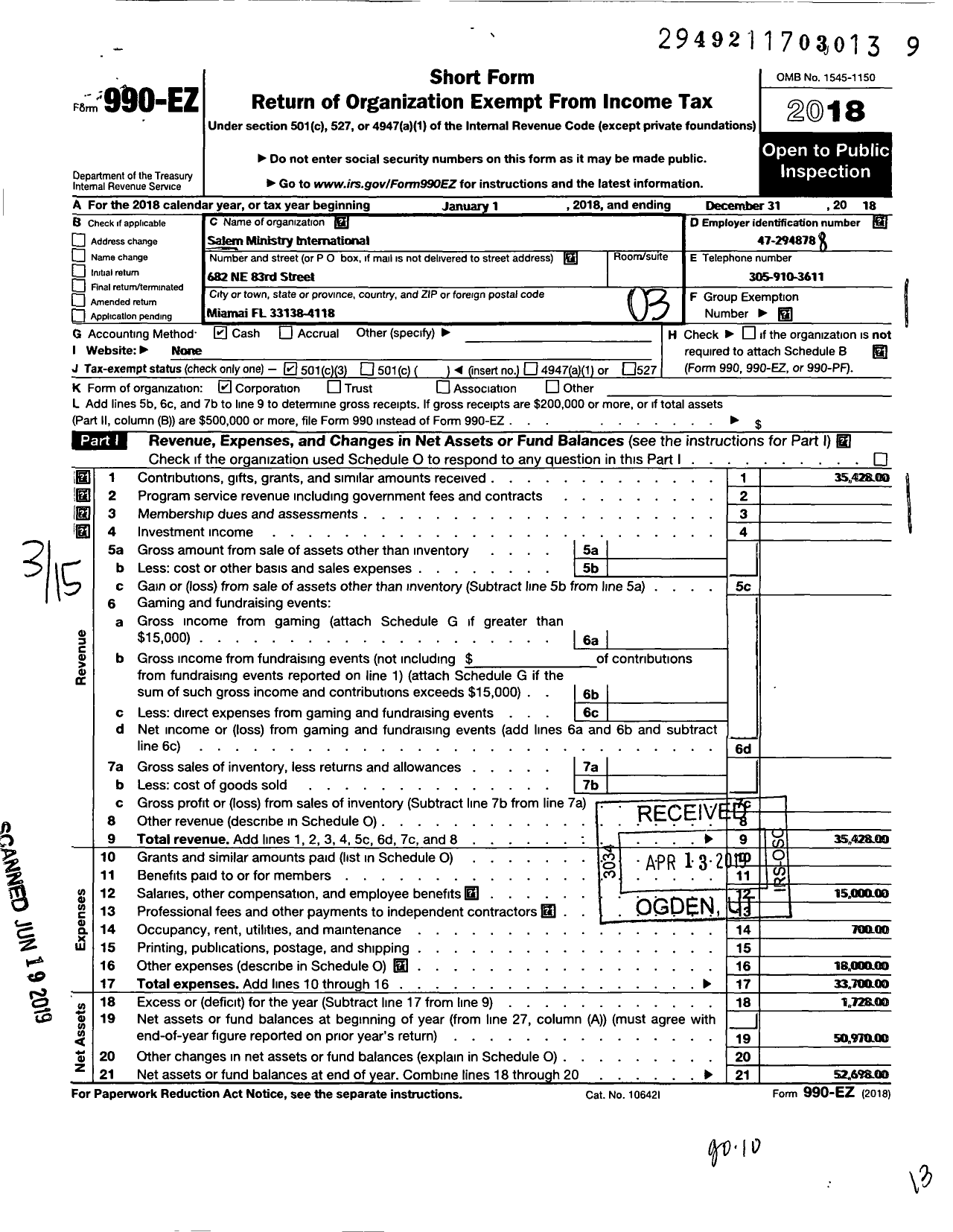 Image of first page of 2018 Form 990EZ for Salem Ministry International