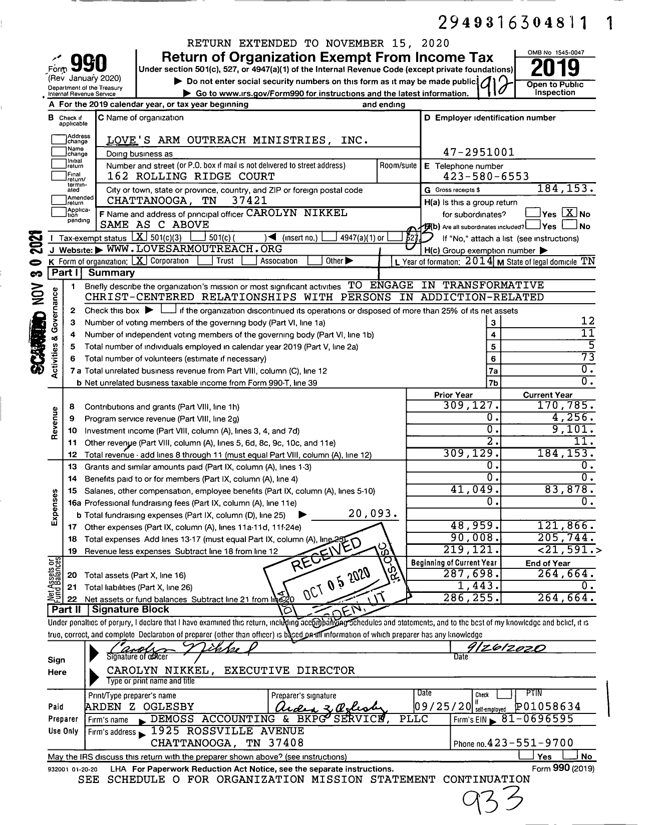 Image of first page of 2019 Form 990 for Love's Arm Outreach Ministries