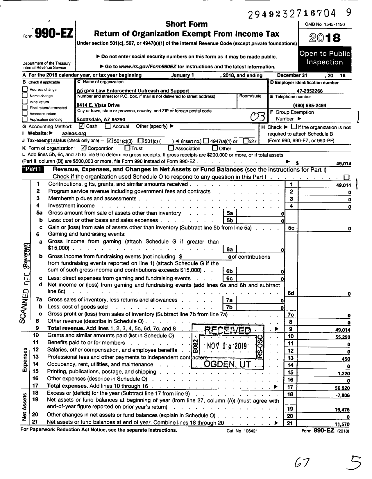 Image of first page of 2018 Form 990EZ for Arizona Law Enforcement Outreach and Support