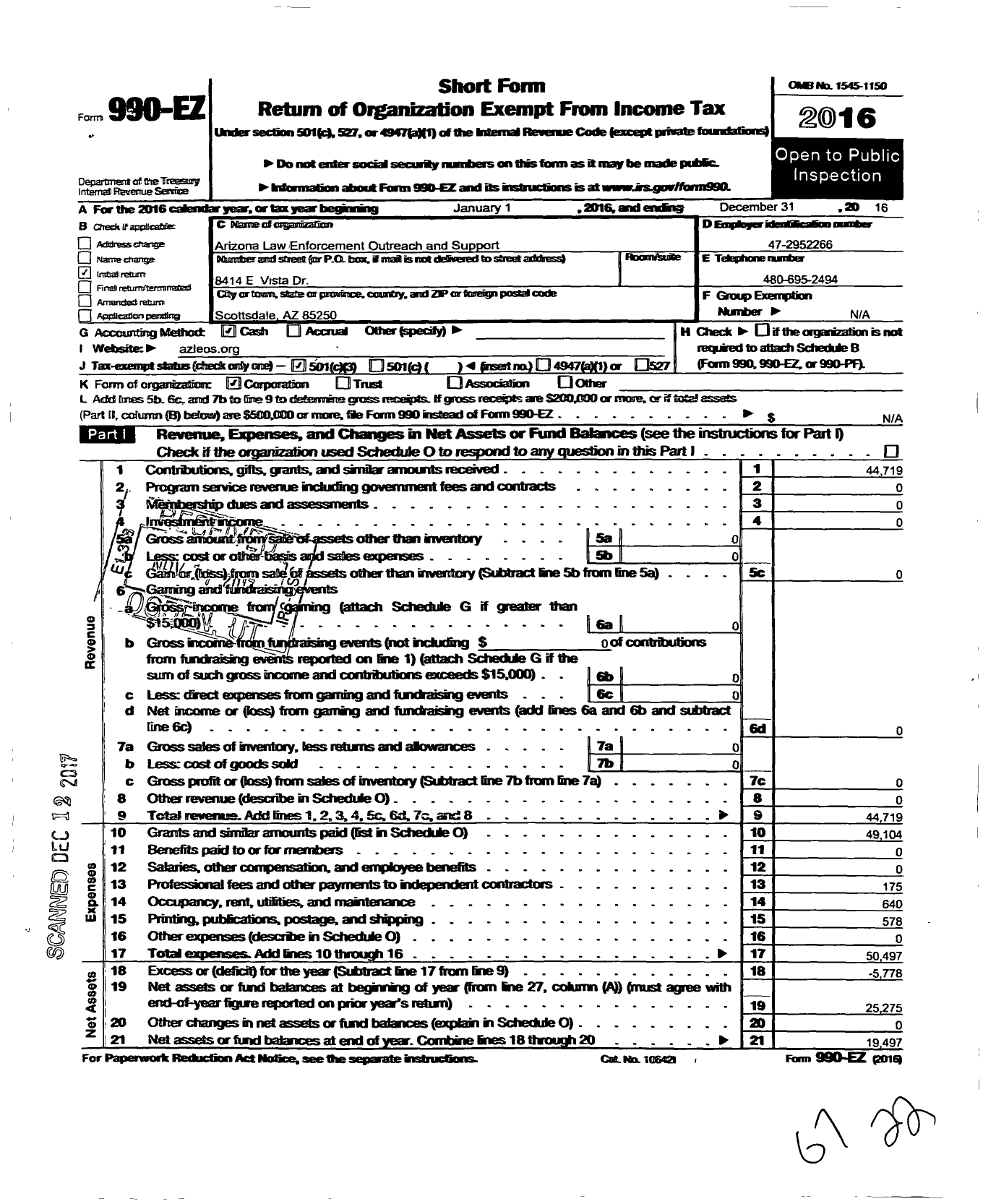 Image of first page of 2016 Form 990EZ for Arizona Law Enforcement Outreach and Support