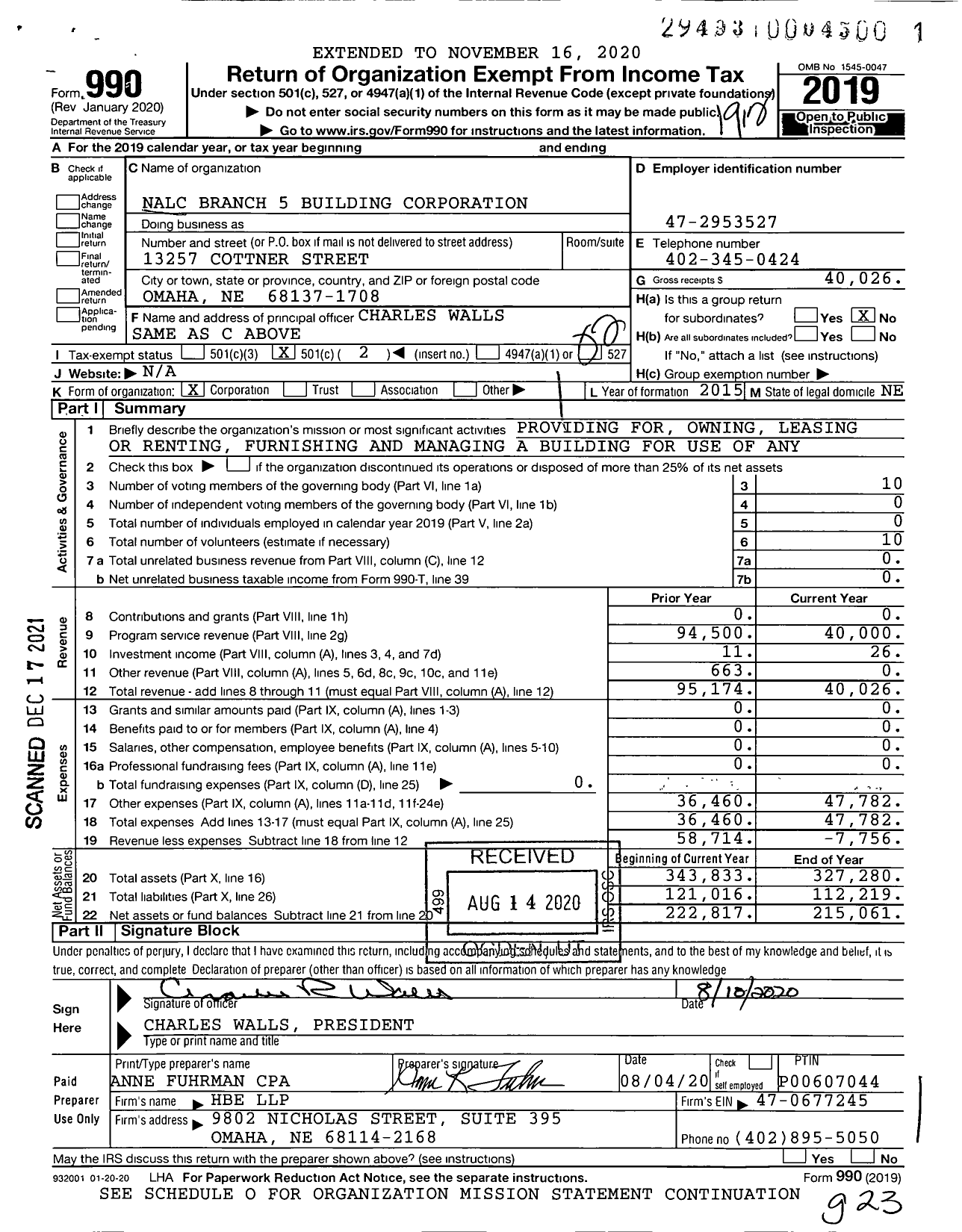 Image of first page of 2019 Form 990O for Nalc Branch 5 Building Corporation