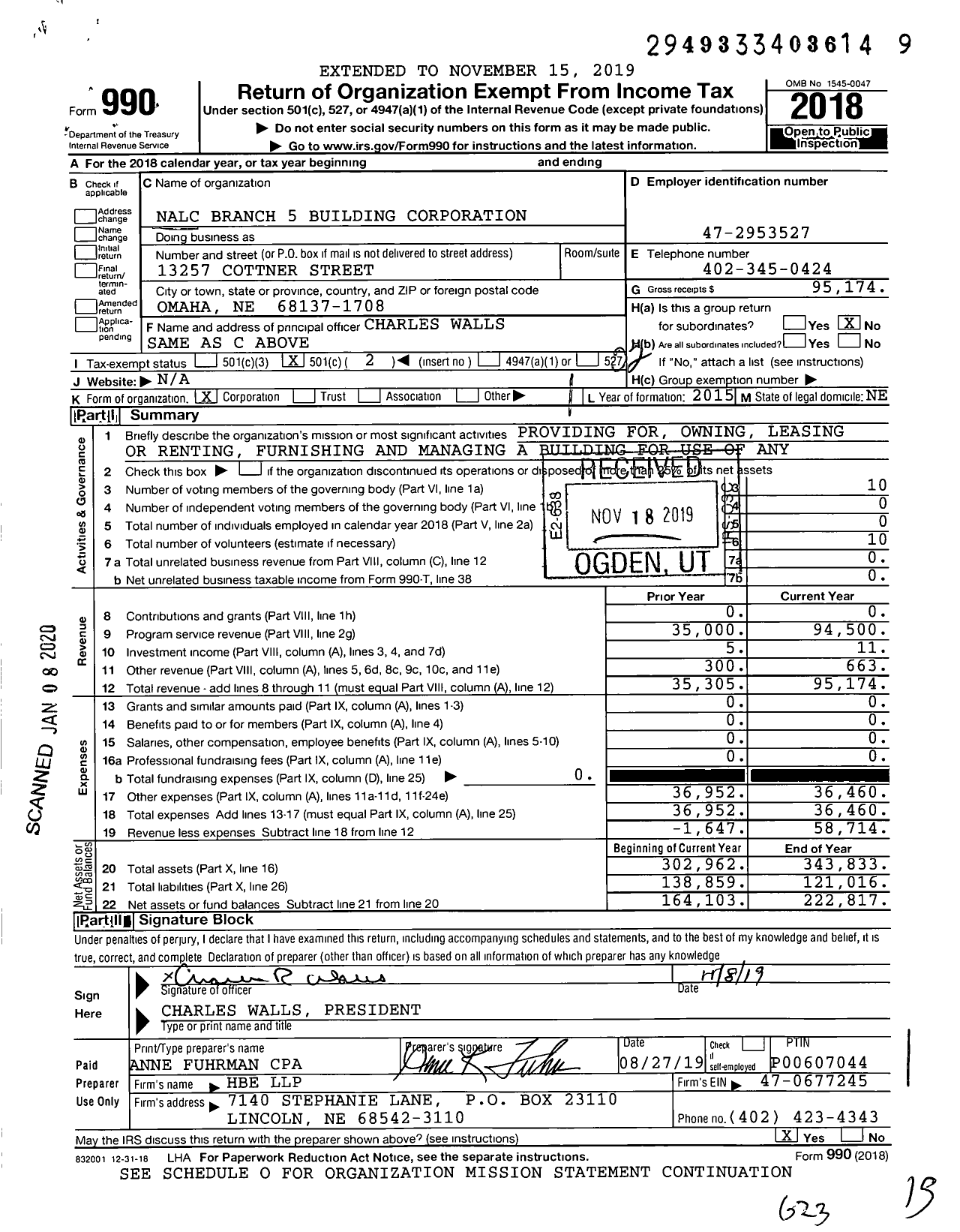 Image of first page of 2018 Form 990O for Nalc Branch 5 Building Corporation