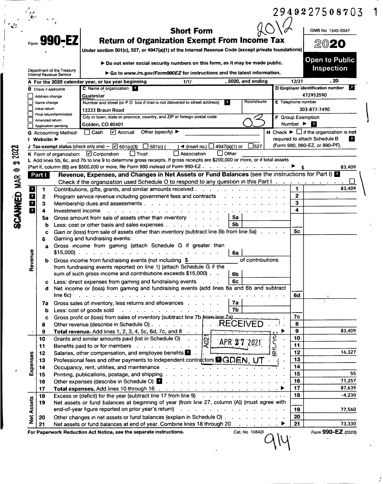 Image of first page of 2020 Form 990EZ for Guatestar