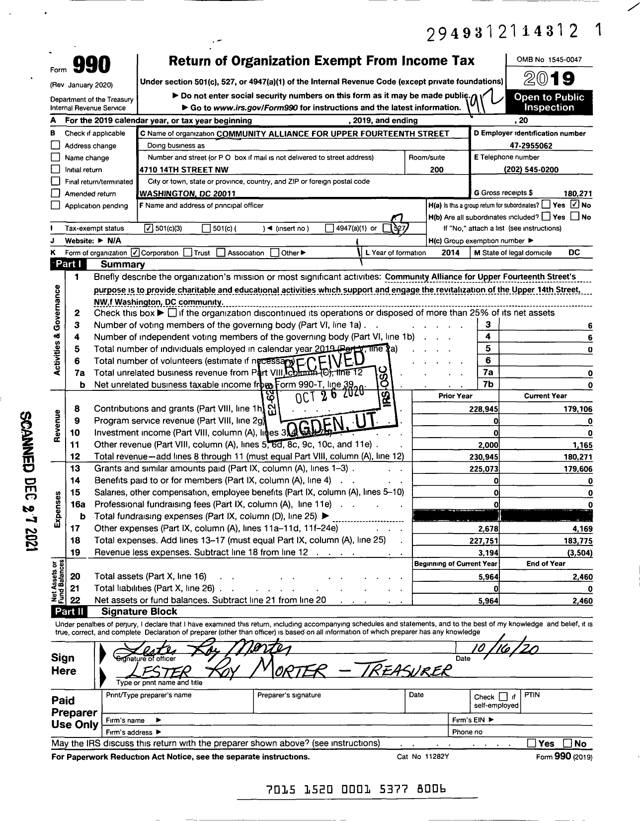 Image of first page of 2019 Form 990 for Community Alliance for Upper Fourteenth Street