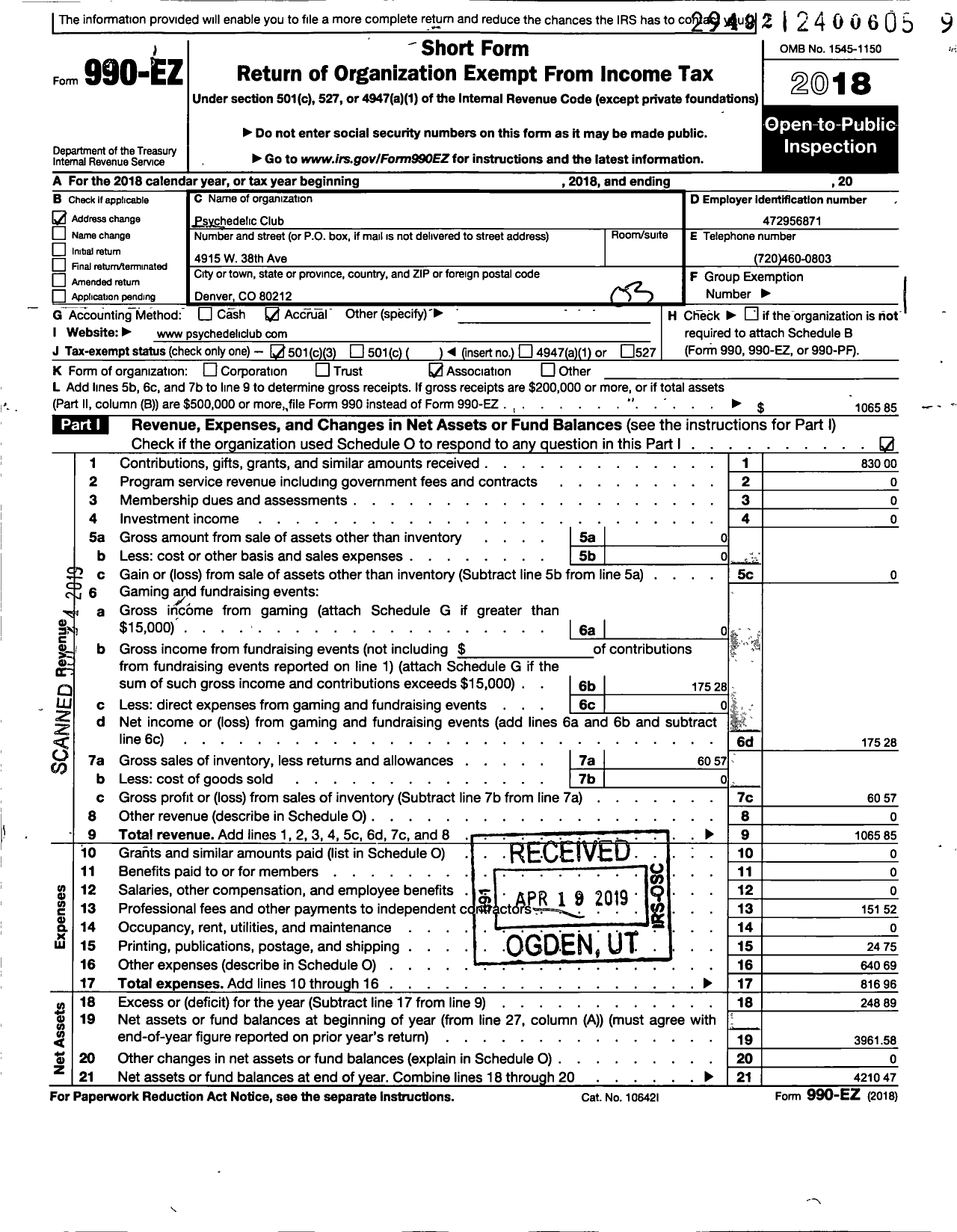 Image of first page of 2018 Form 990EZ for Psychedelic Club