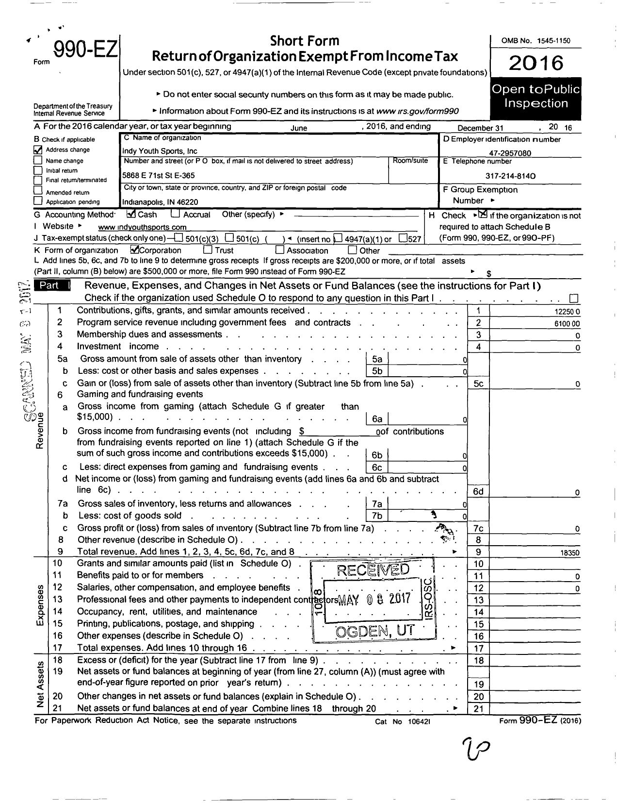 Image of first page of 2016 Form 990EO for Indy Youth Sports