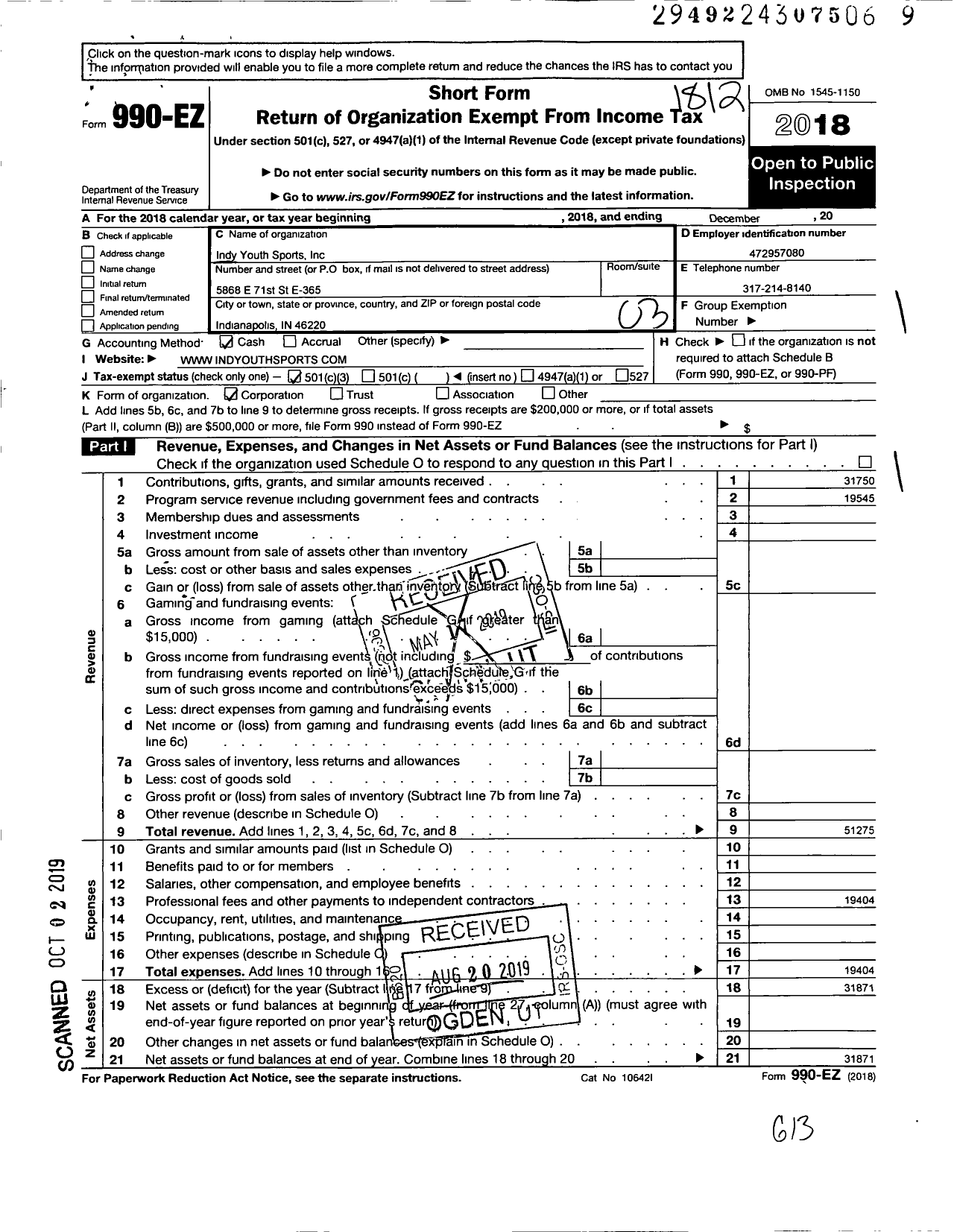 Image of first page of 2018 Form 990EZ for Indy Youth Sports