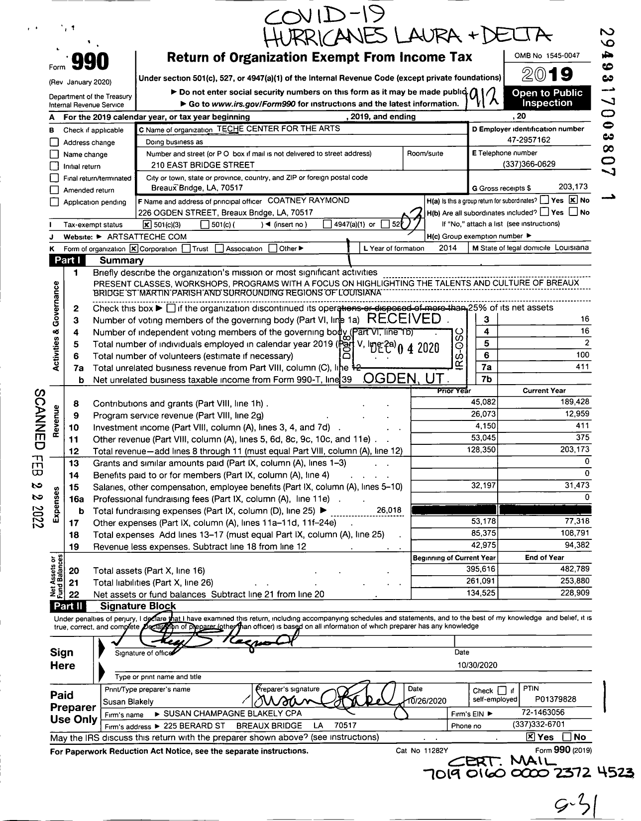 Image of first page of 2019 Form 990 for Teche Center for the Arts