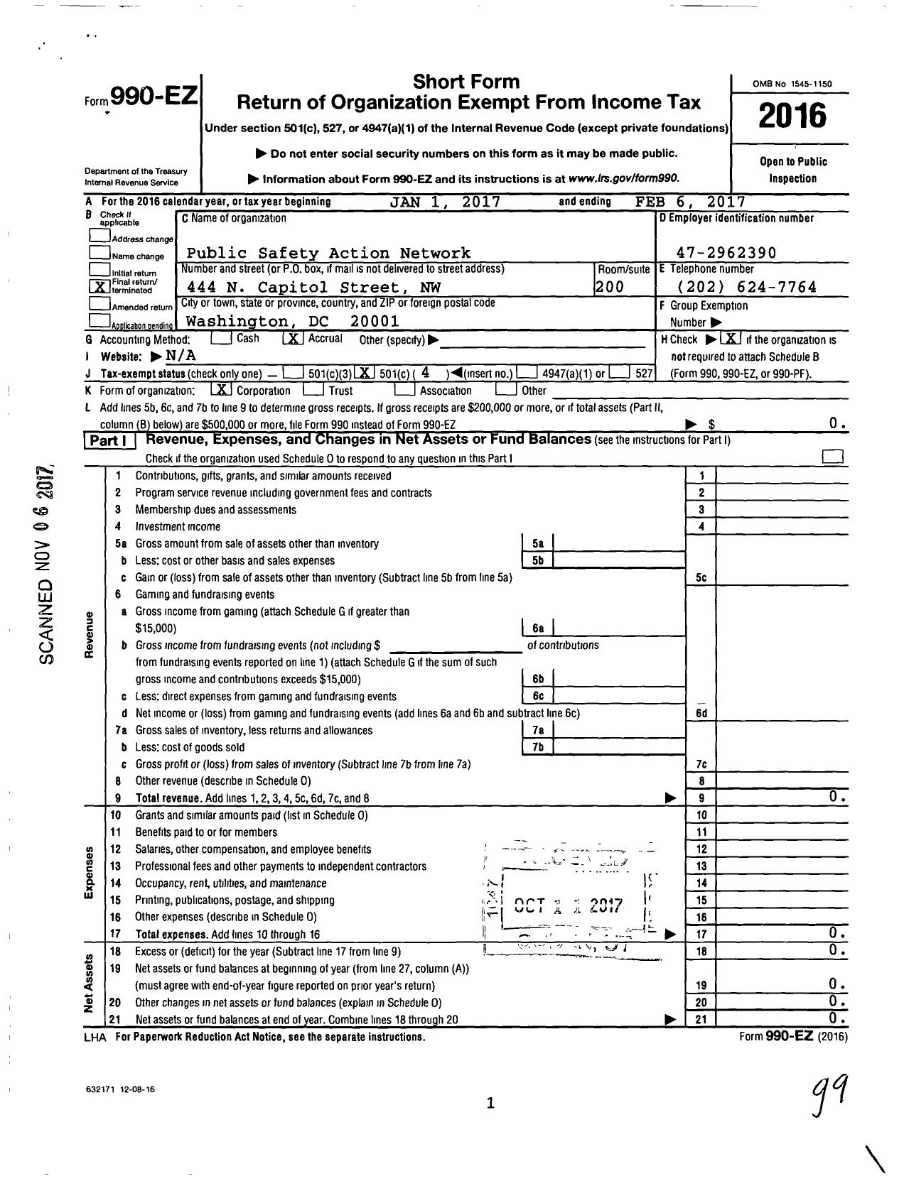 Image of first page of 2016 Form 990EO for Public Safety Action Network