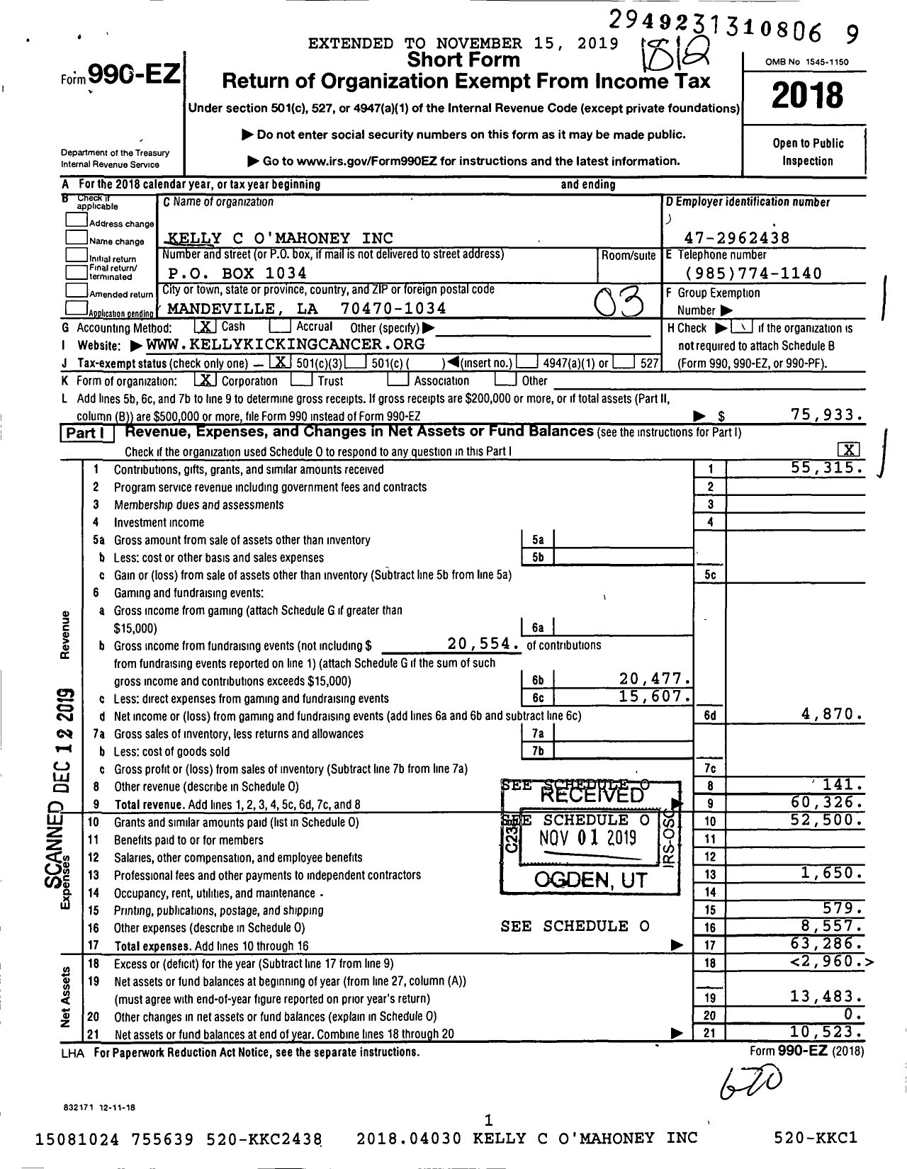 Image of first page of 2018 Form 990EZ for Kelly C Omahoney