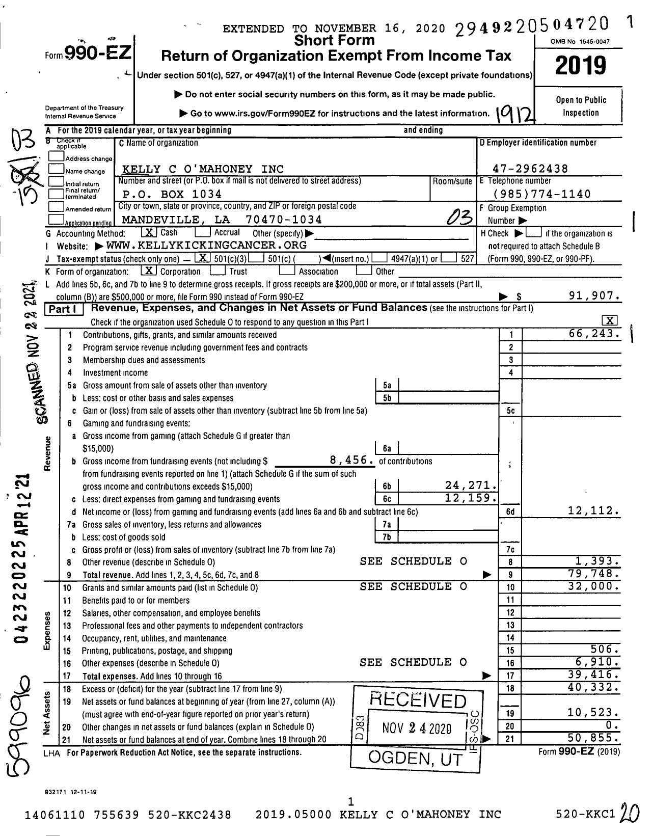 Image of first page of 2019 Form 990EZ for Kelly C Omahoney