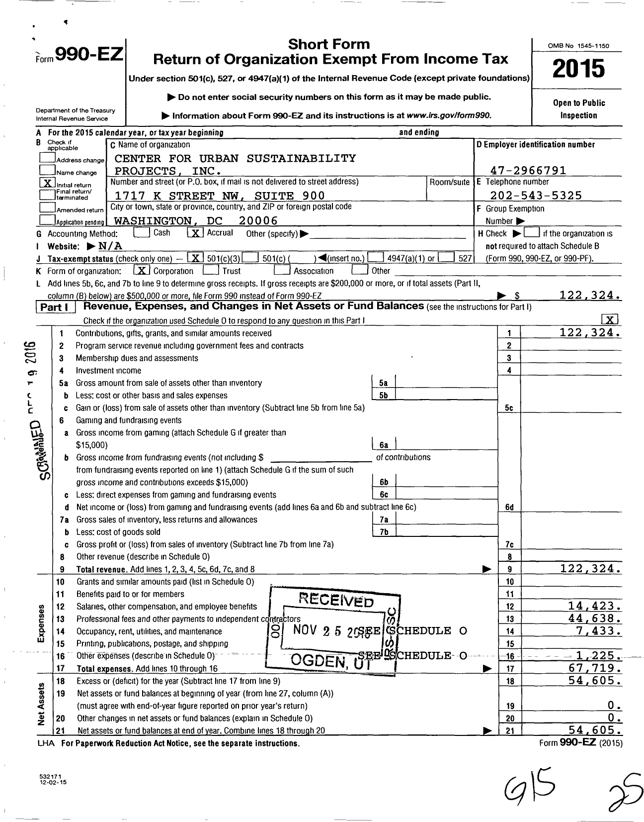 Image of first page of 2015 Form 990EZ for Center for Urban Sustainability