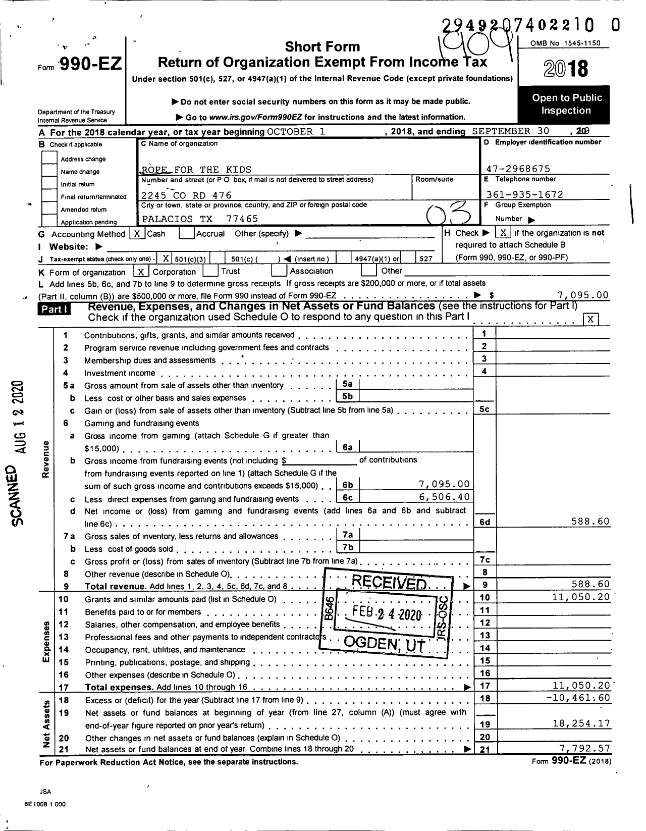 Image of first page of 2018 Form 990EZ for Rope for the Kids