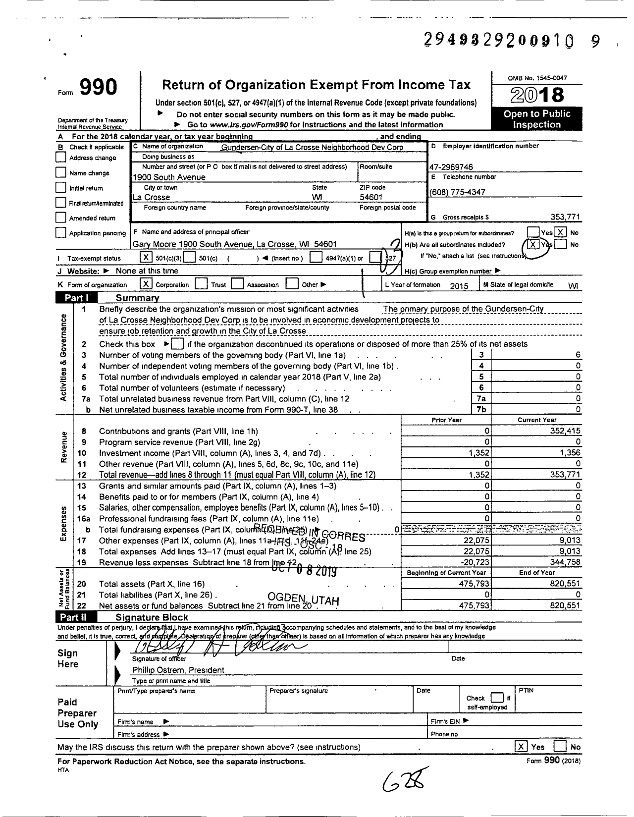 Image of first page of 2018 Form 990 for Gundersen City of La Crosse Neighborhood Devel Corp