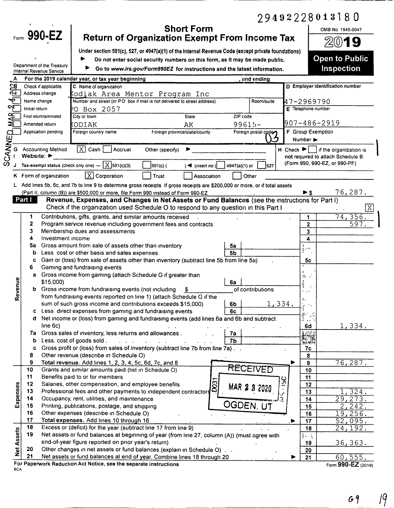 Image of first page of 2019 Form 990EZ for Kodiak Area Mentoring Program