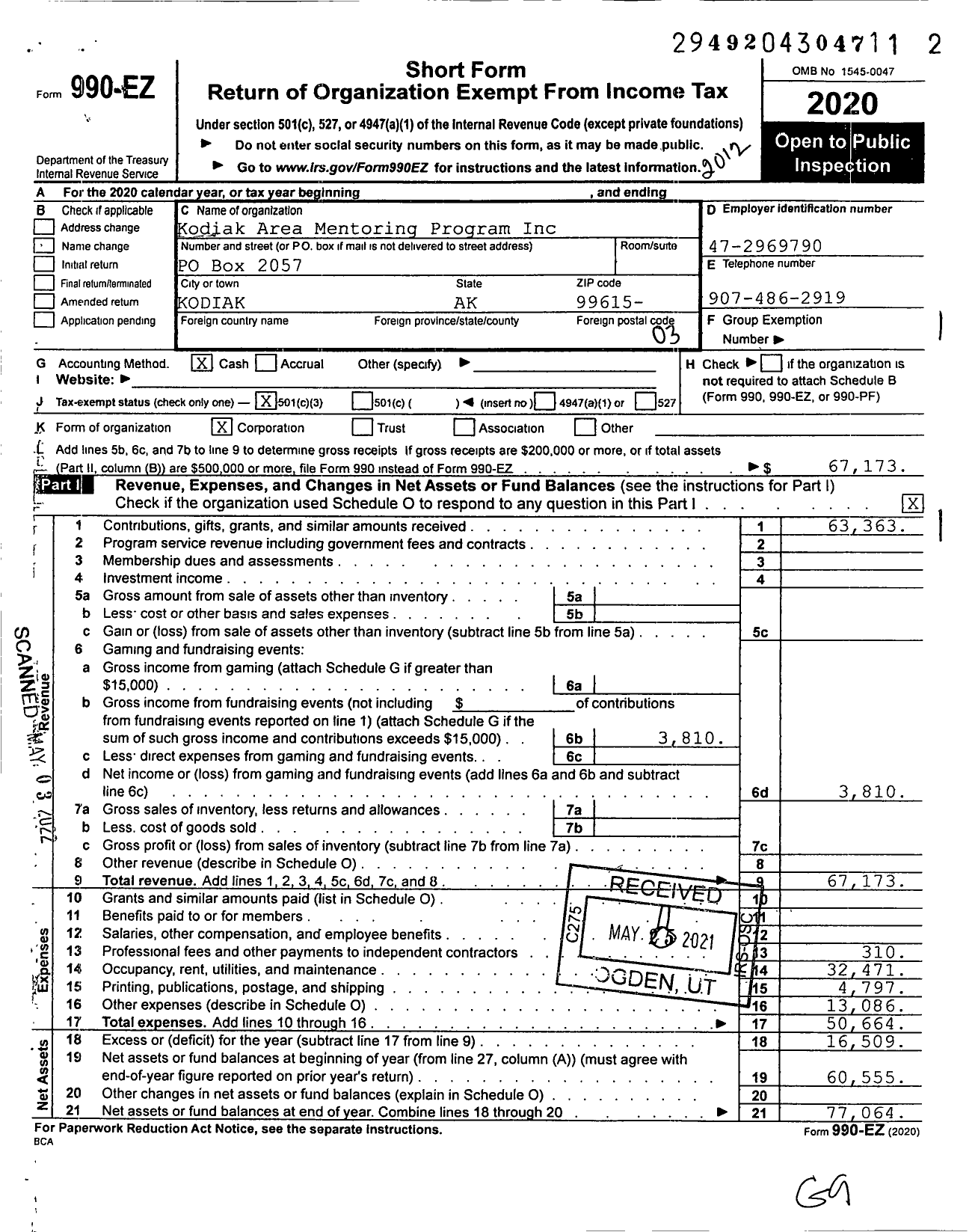 Image of first page of 2020 Form 990EZ for Kodiak Area Mentoring Program