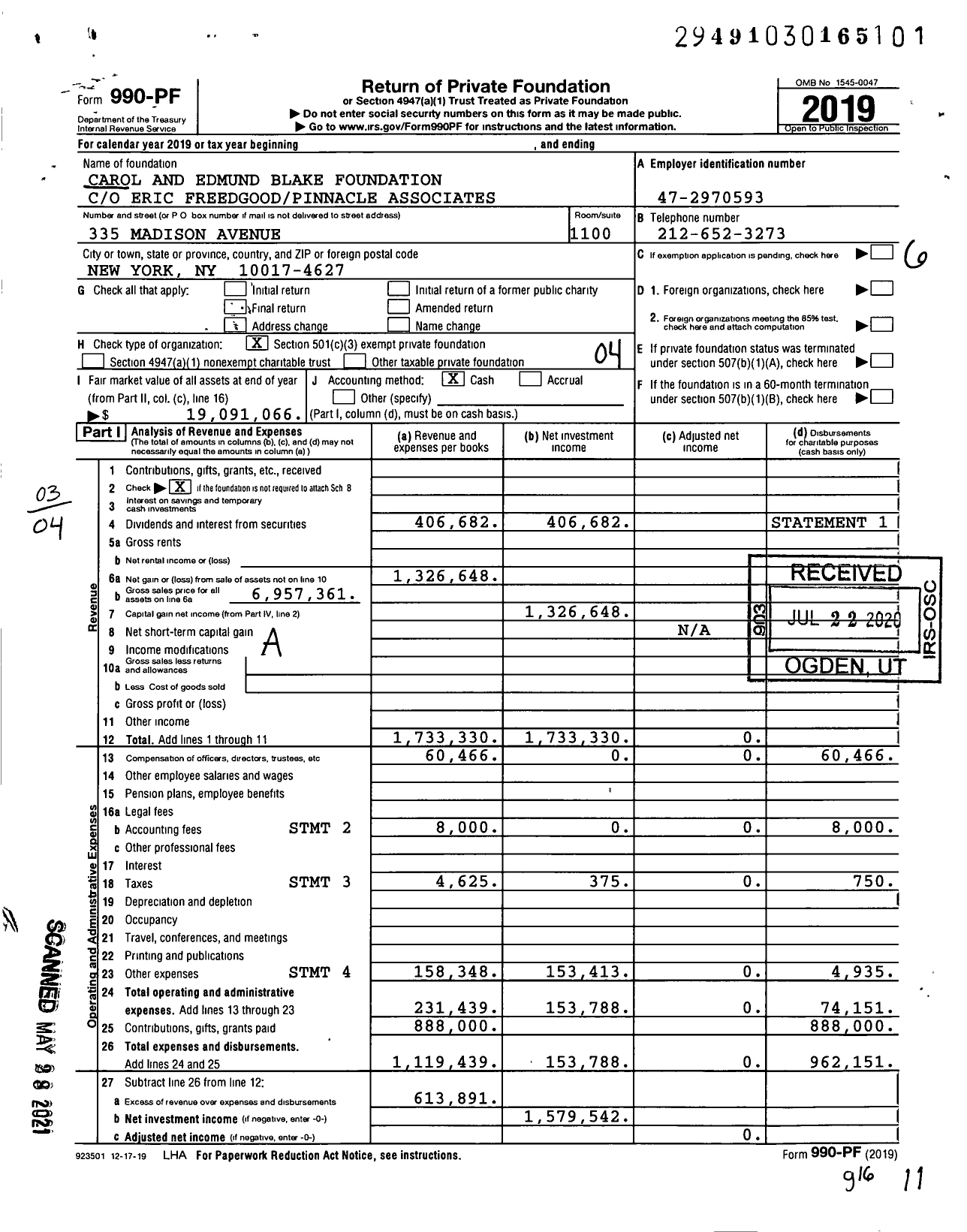 Image of first page of 2019 Form 990PF for Carol and Edmund Blake Foundation